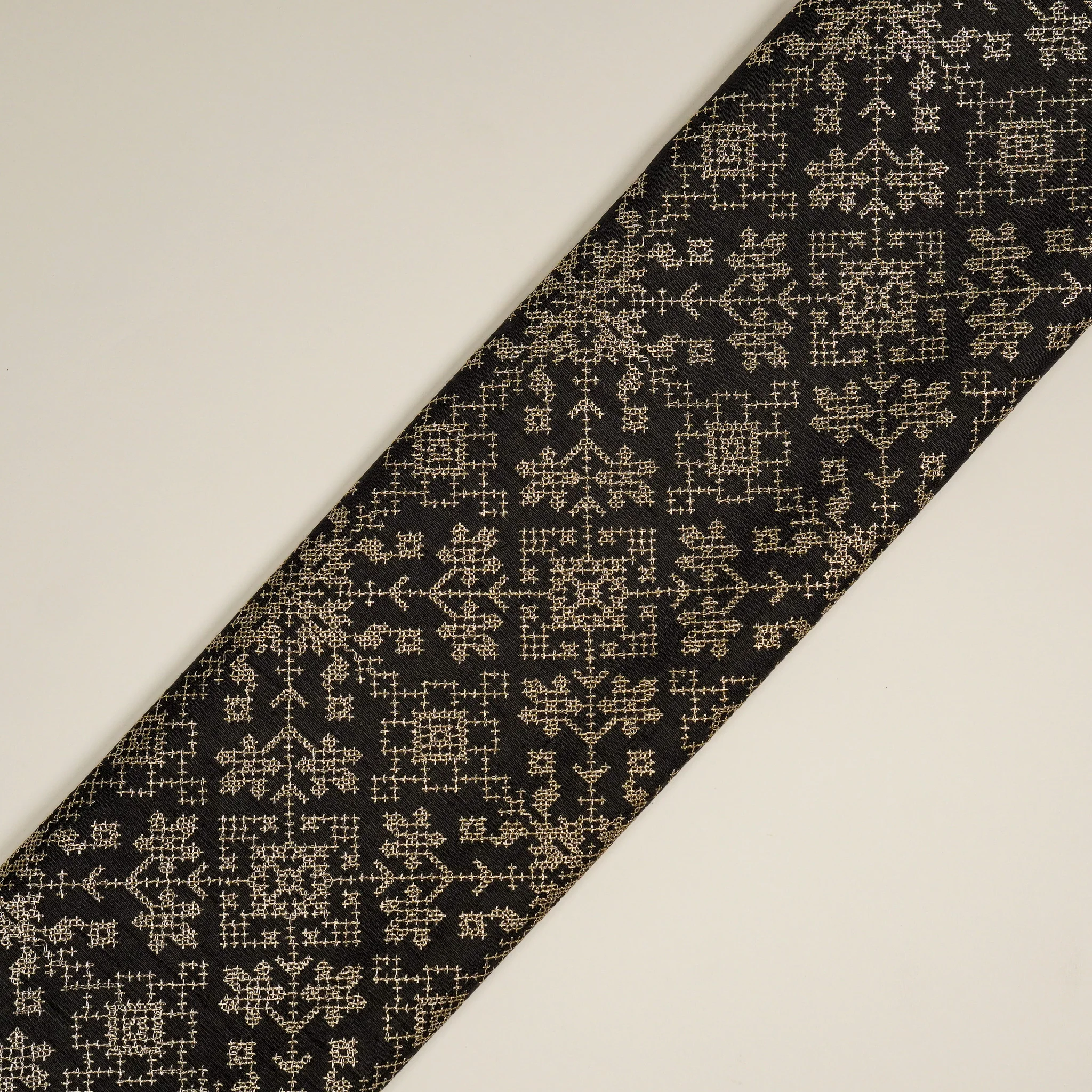 Rahifa Black Viscose Raw Silk Embroidered Fabric in Jaal Pattern - Image 4