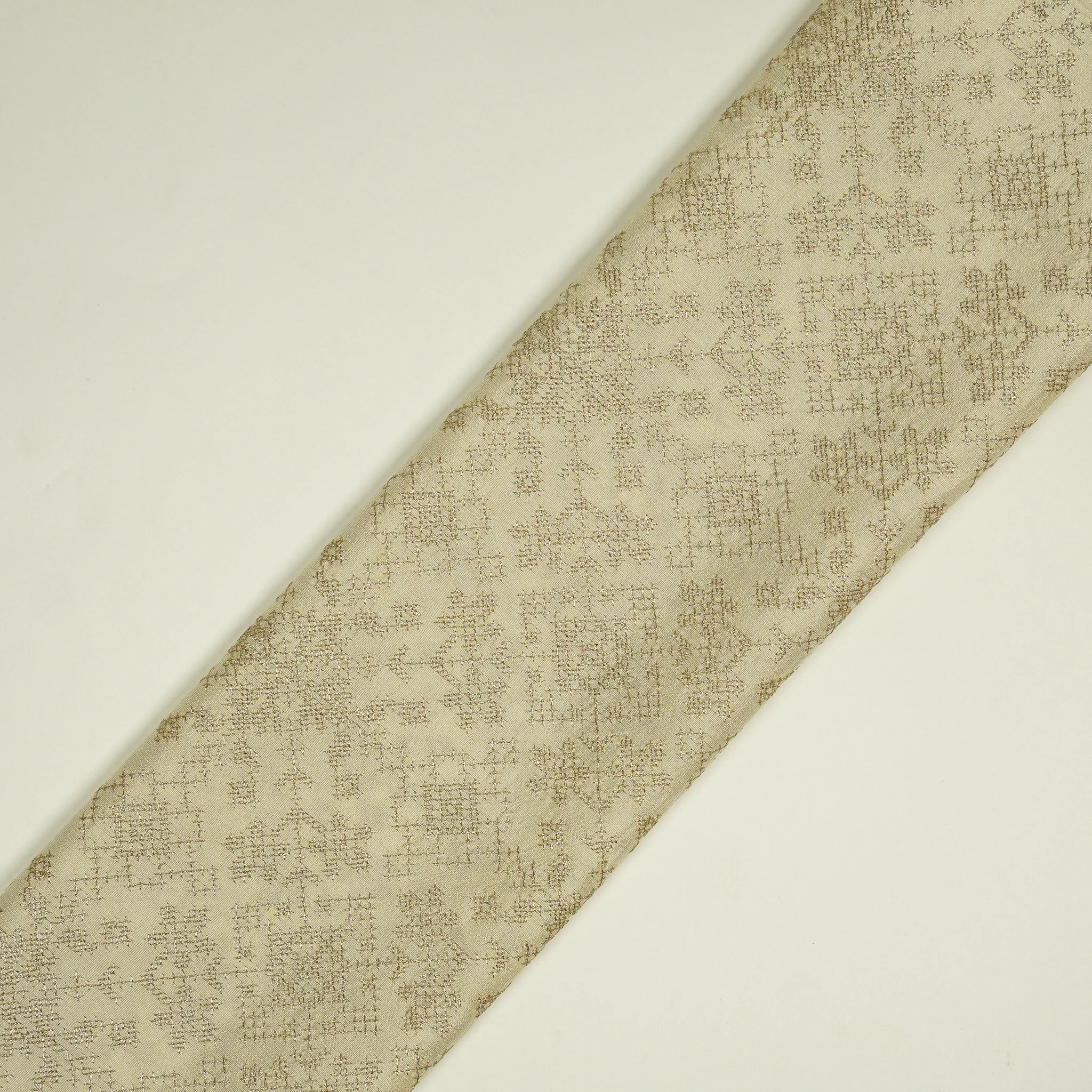 Rahifa Cream Viscose Raw Silk Embroidered Fabric in Jaal Pattern - Image 4