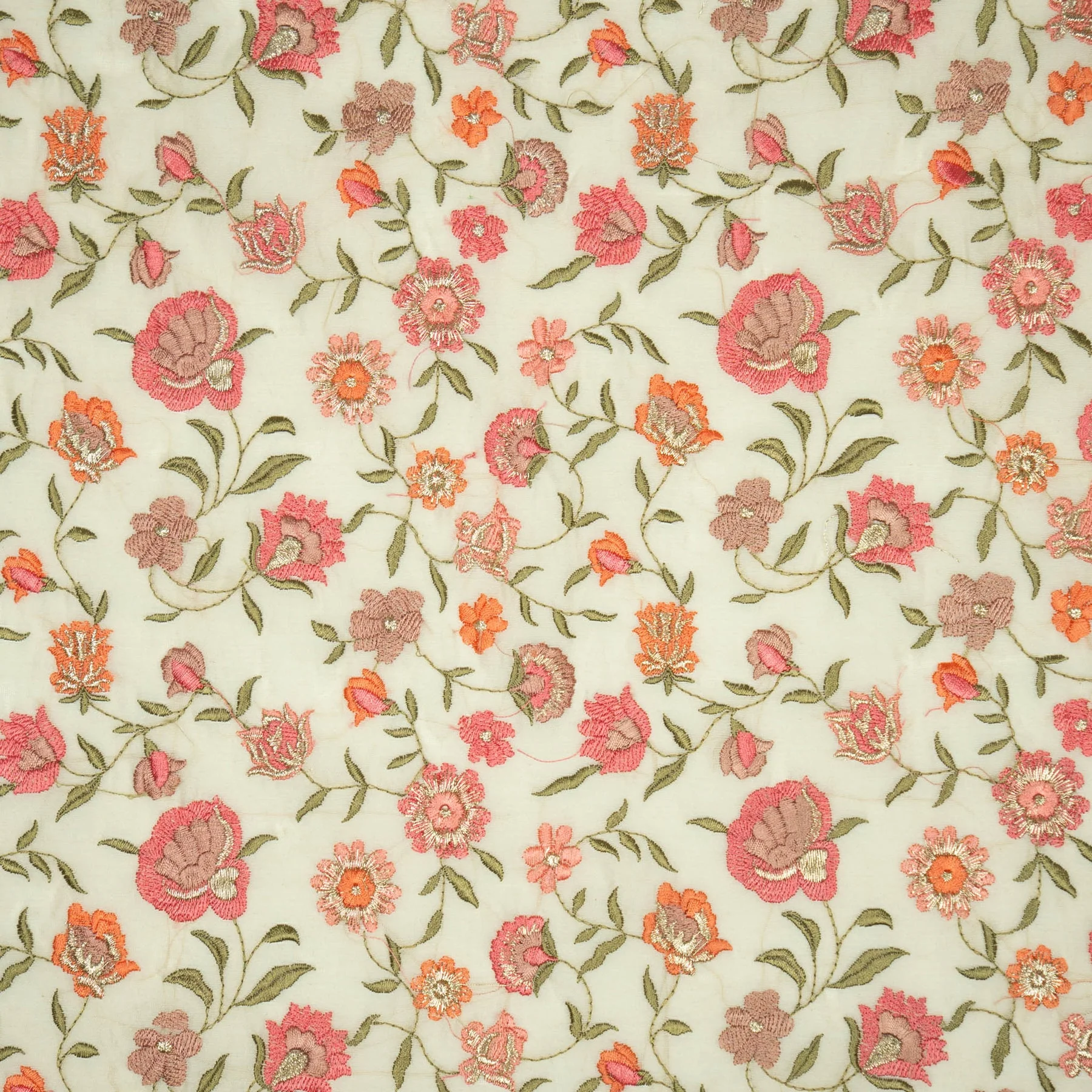 Rajeshwari Cream Mul Chanderi Embroidered Fabric in Floral Jaal Pattern - Image 3