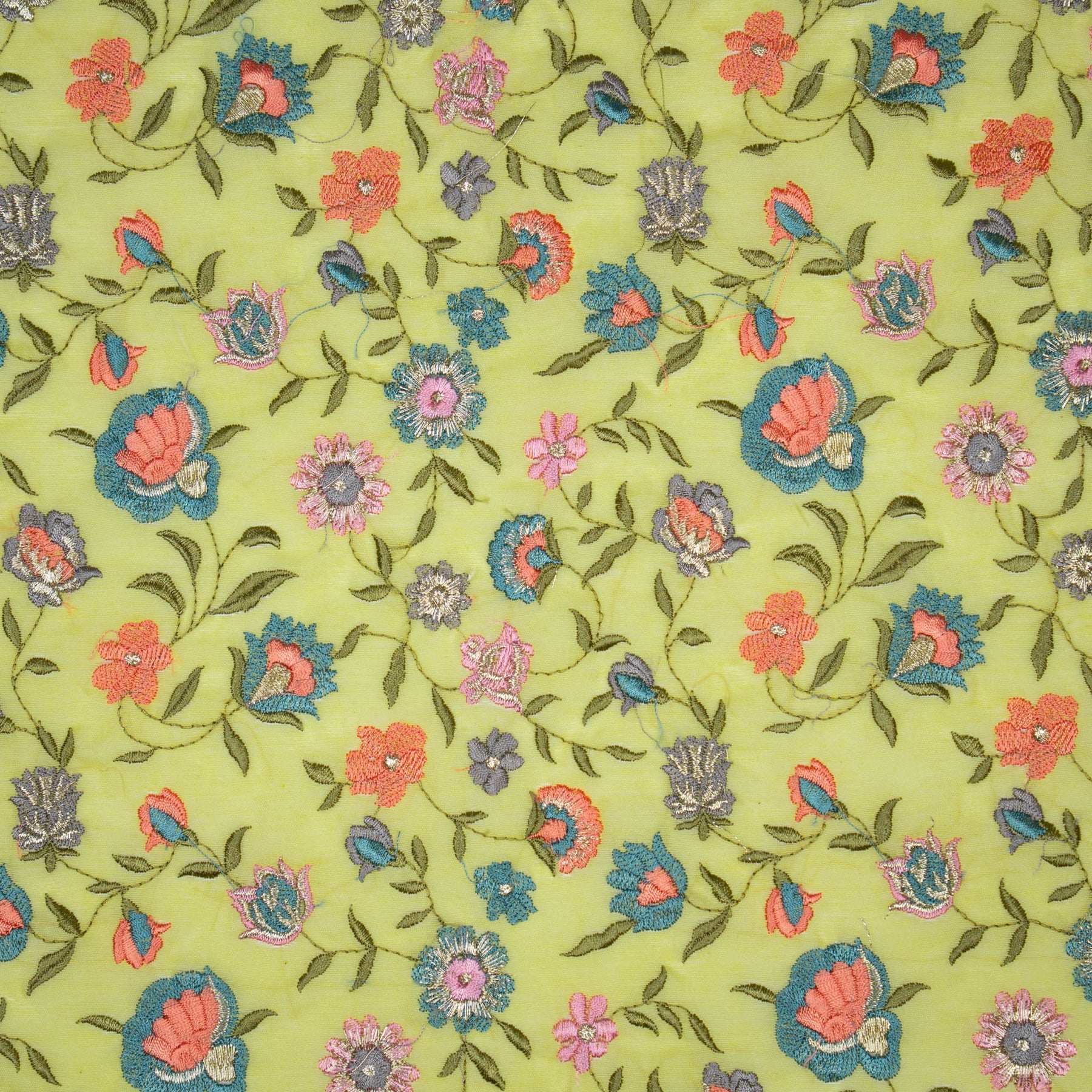 Rajeshwari Yellow Mul Chanderi Embroidered Fabric in Floral Jaal Pattern - Image 3