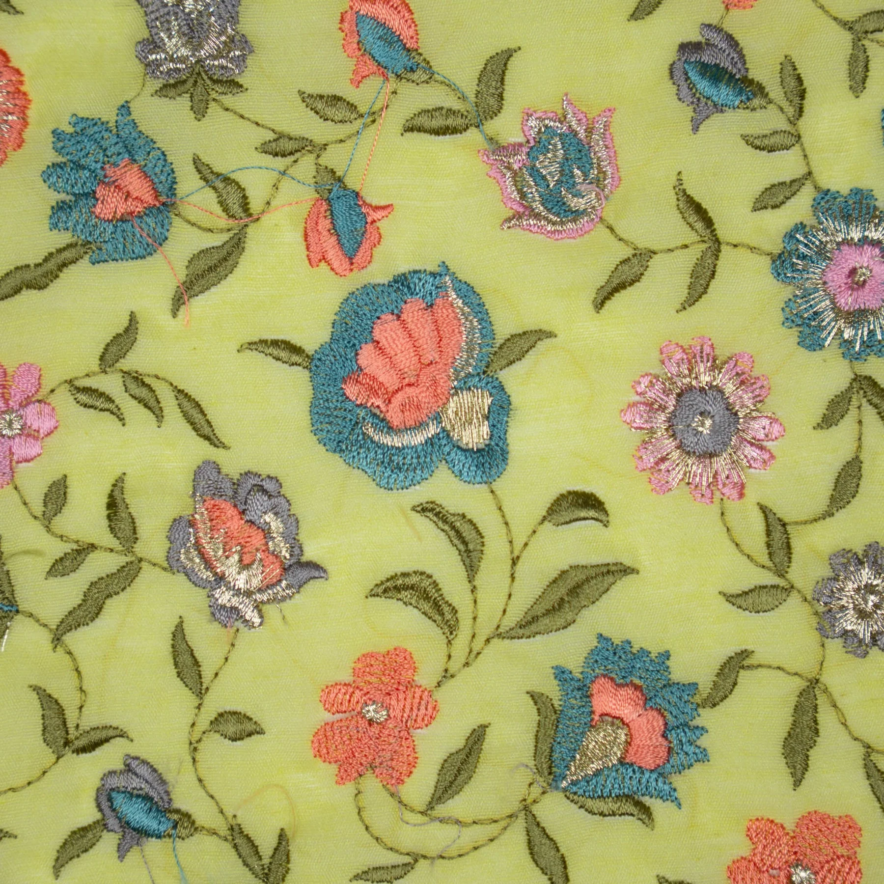 Rajeshwari Yellow Mul Chanderi Embroidered Fabric in Floral Jaal Pattern - Image 5