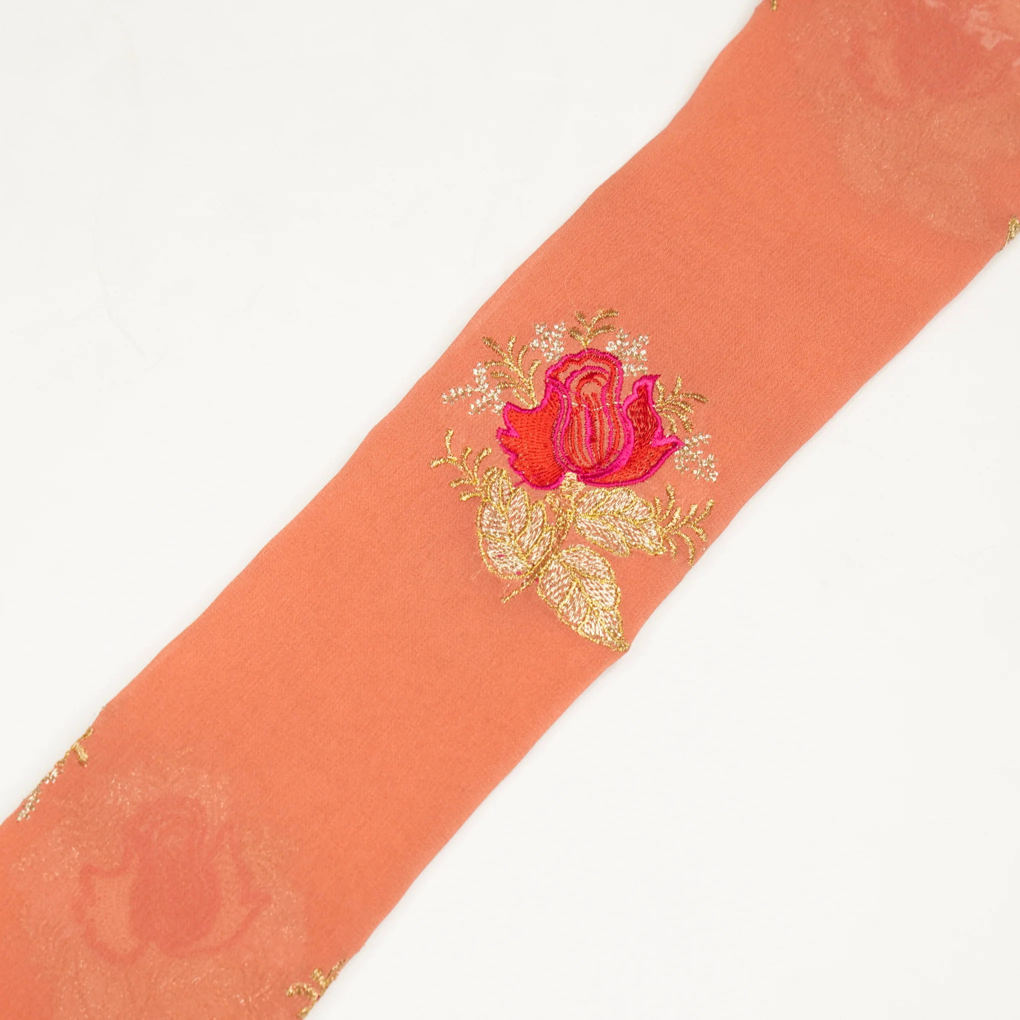 Rami Deep Peach Viscose Georgette Embroidered Fabric in Buta Pattern - Image 4