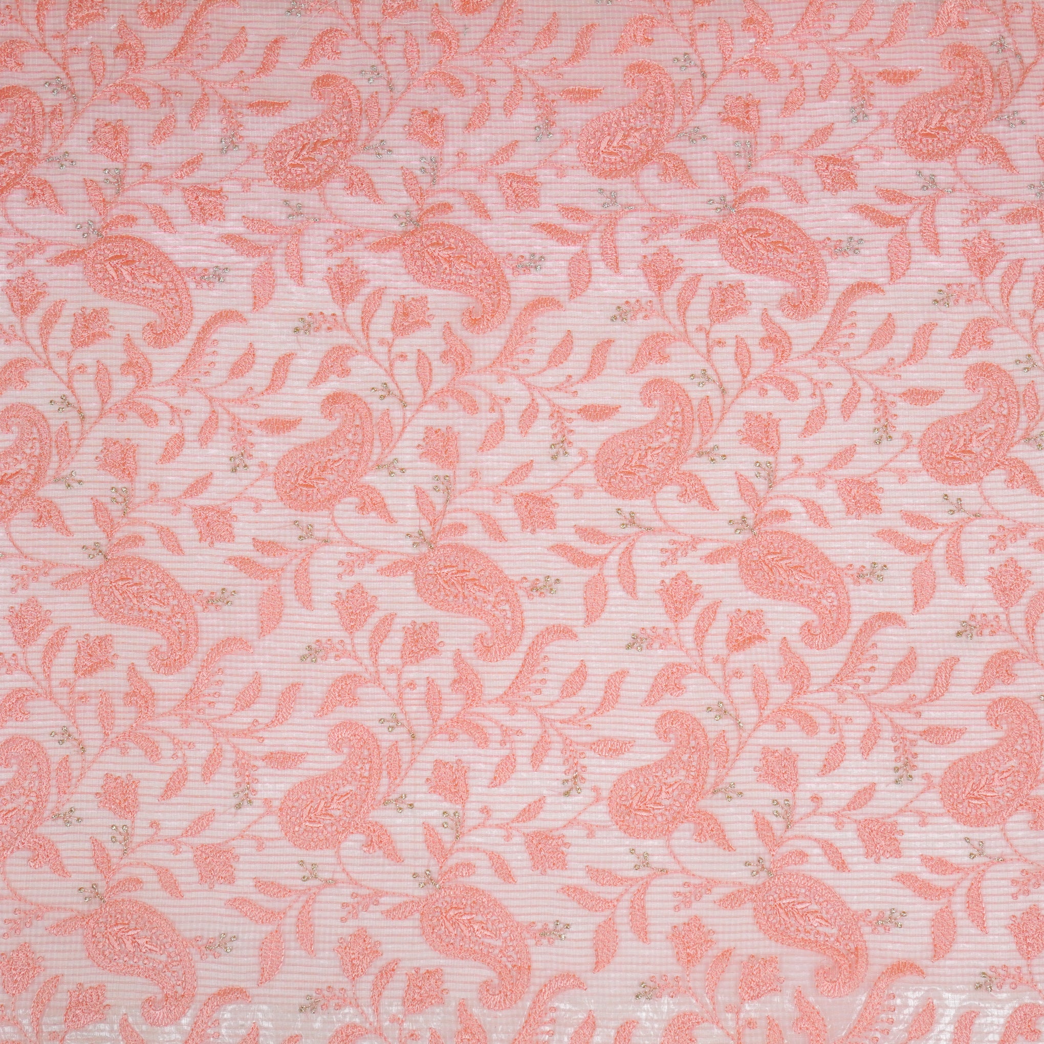 Rania Peach Semi Munga Kota Embroidered Fabric in Jaal Pattern - Image 2