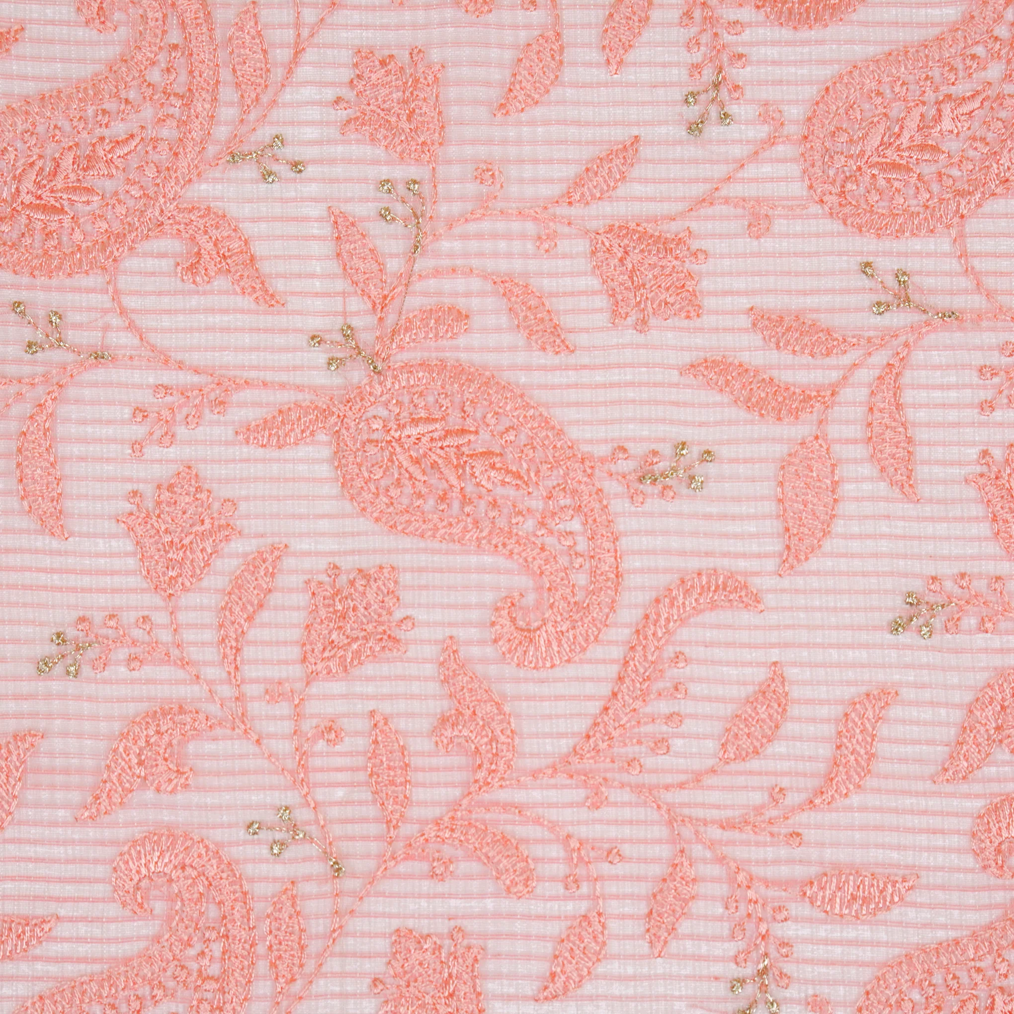Rania Peach Semi Munga Kota Embroidered Fabric in Jaal Pattern - Image 3