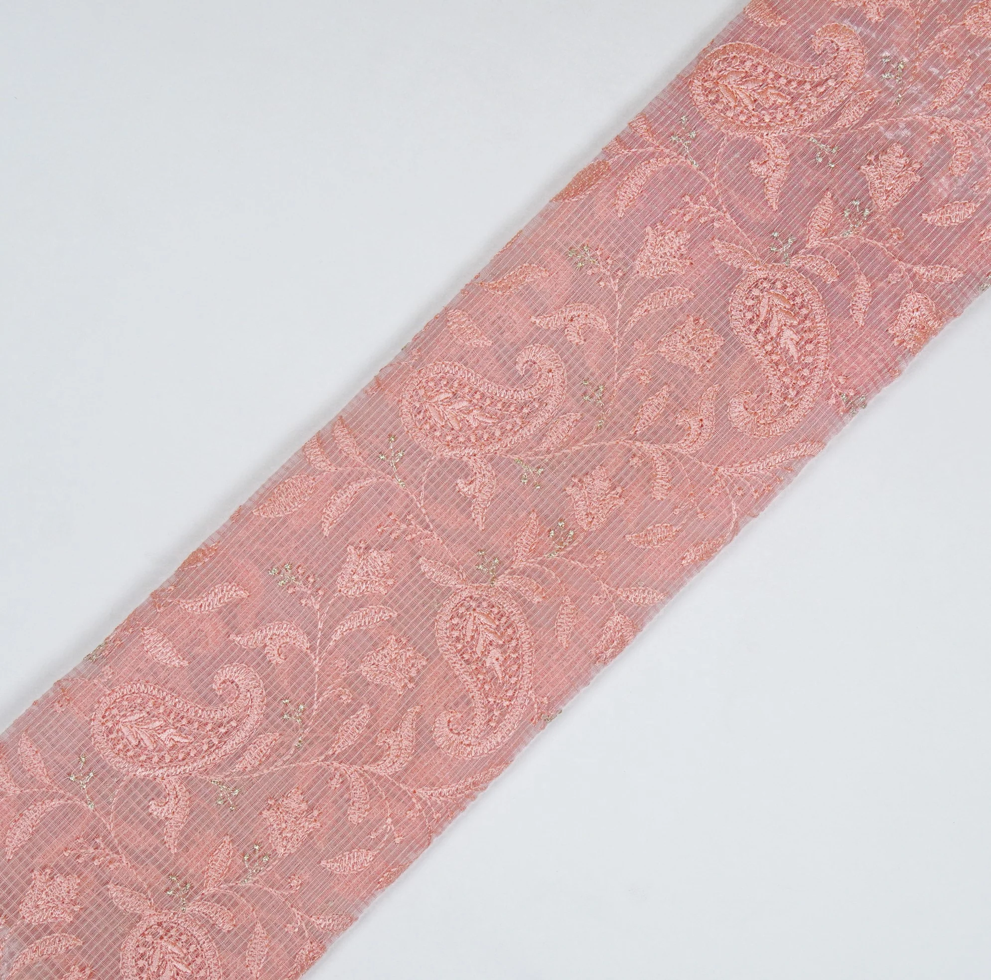 Rania Peach Semi Munga Kota Embroidered Fabric in Jaal Pattern - Image 4
