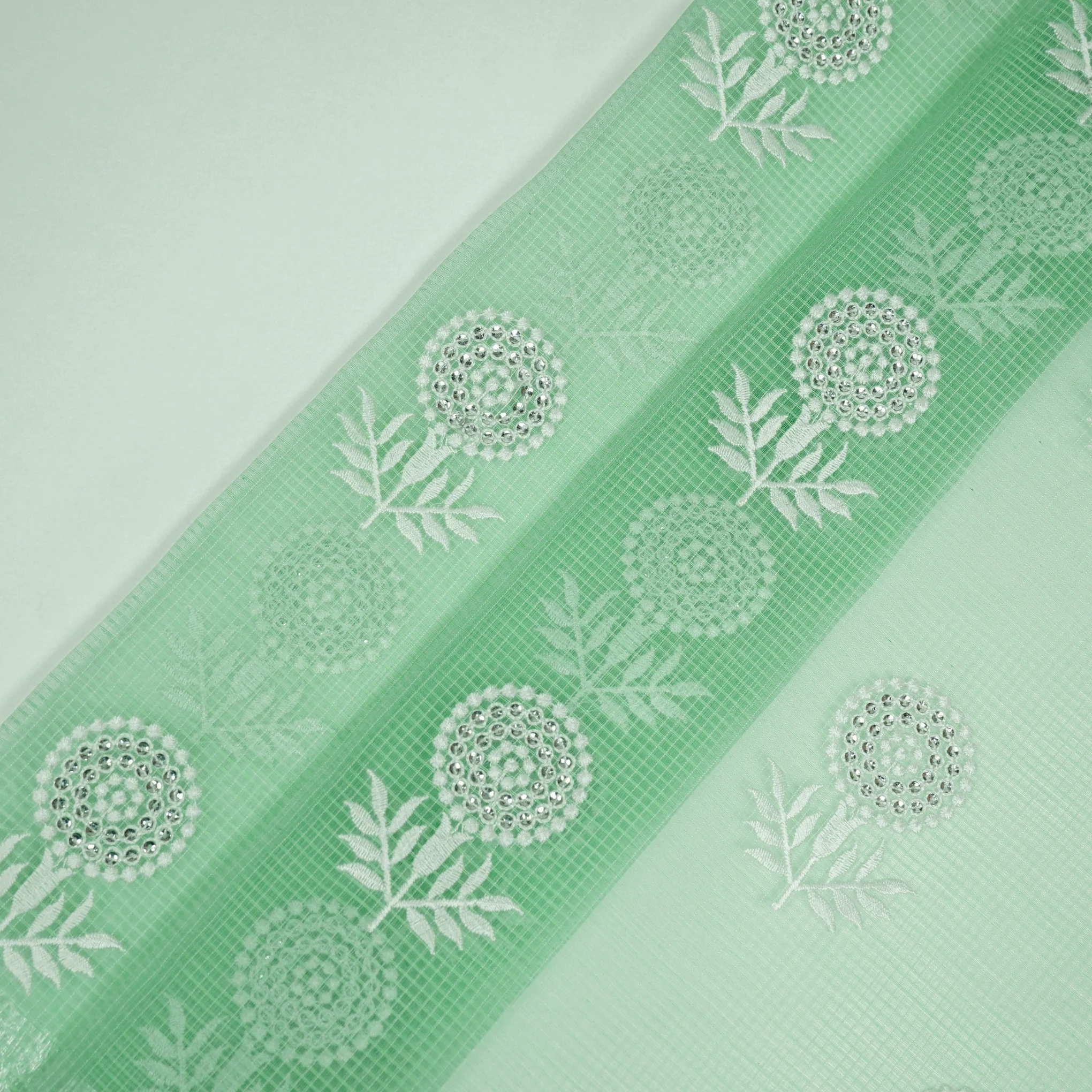 Rasha Aqua Green Semi Munga Kota Embroidered Fabric in Jaal Pattern - Image 4