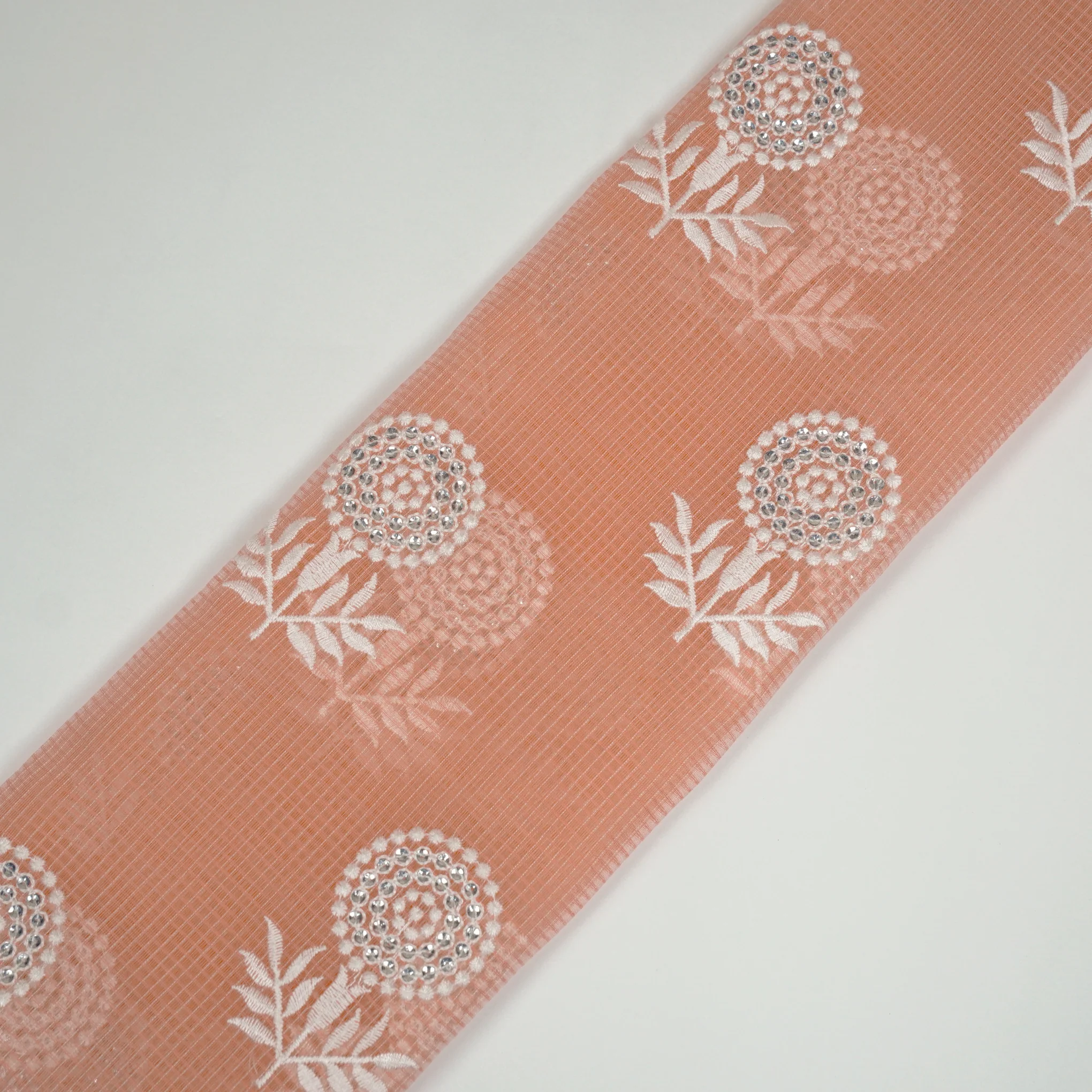 Rasha Peach Semi Munga Kota Embroidered Fabric in Jaal Pattern - Image 4