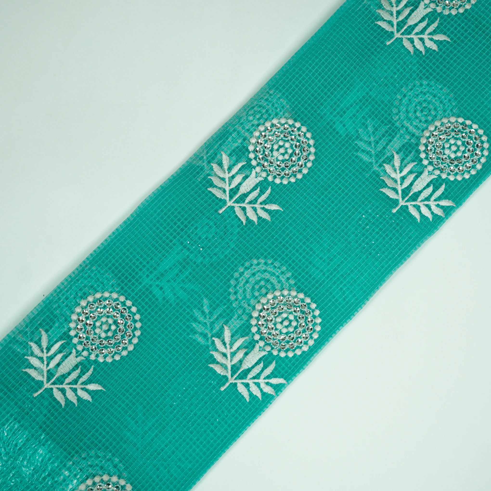 Rasha Turquoise Semi Munga Kota Embroidered Fabric in Jaal Pattern - Image 4