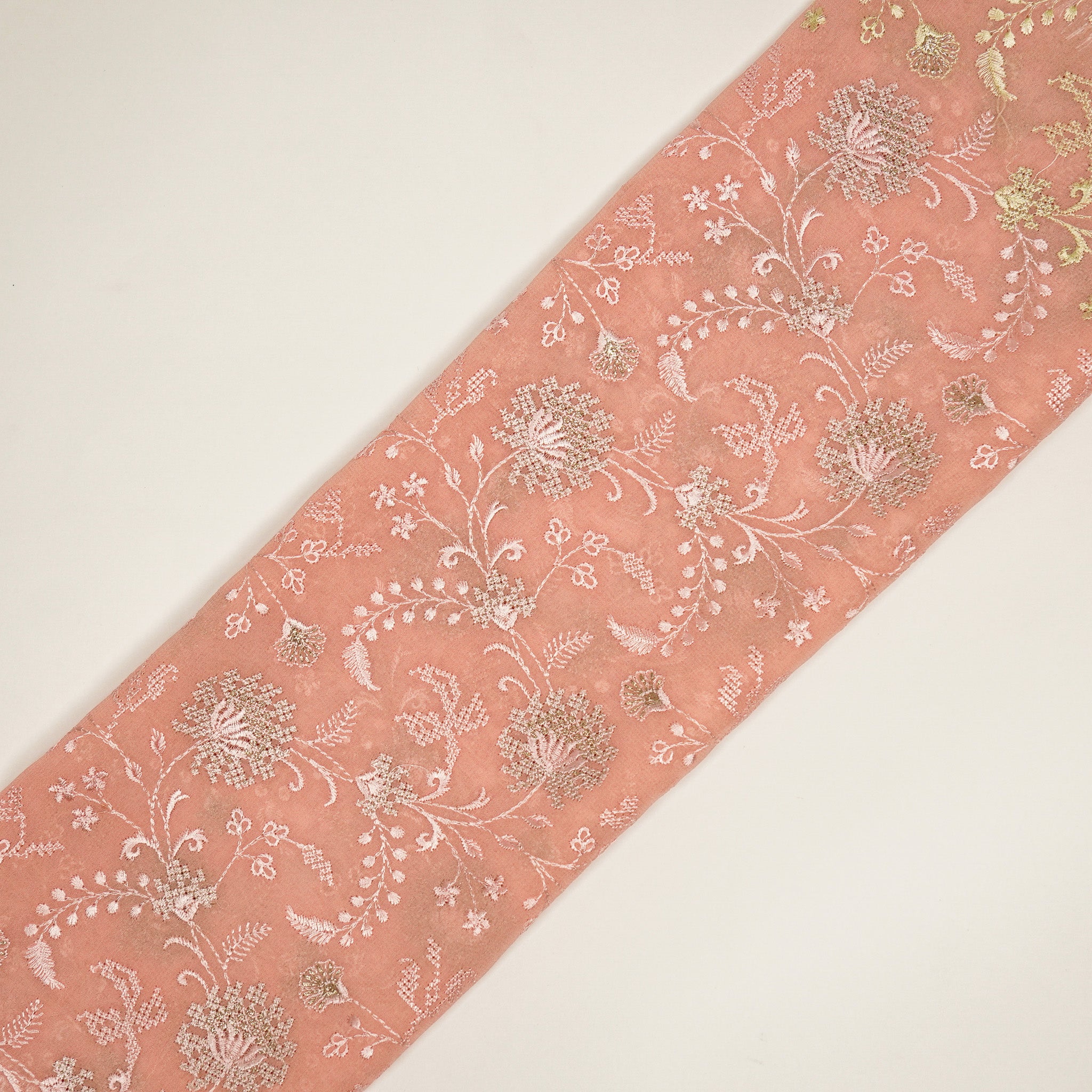 Reyah Peach Viscose Georgette Embroidered Fabric in Jaal Pattern - Image 4