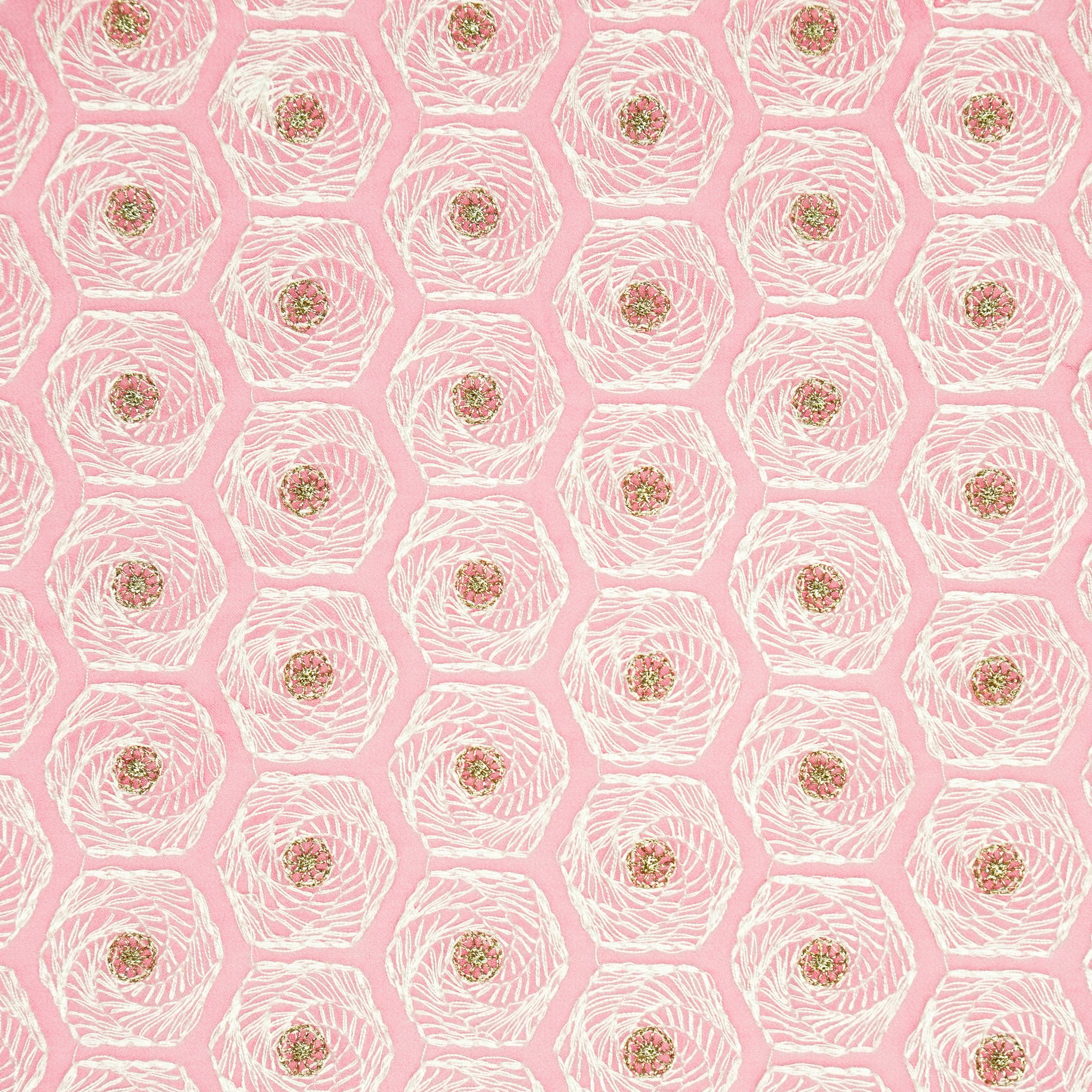 Rida Pink Viscose Georgette Embroidered Fabric in Jaal Pattern - Image 3