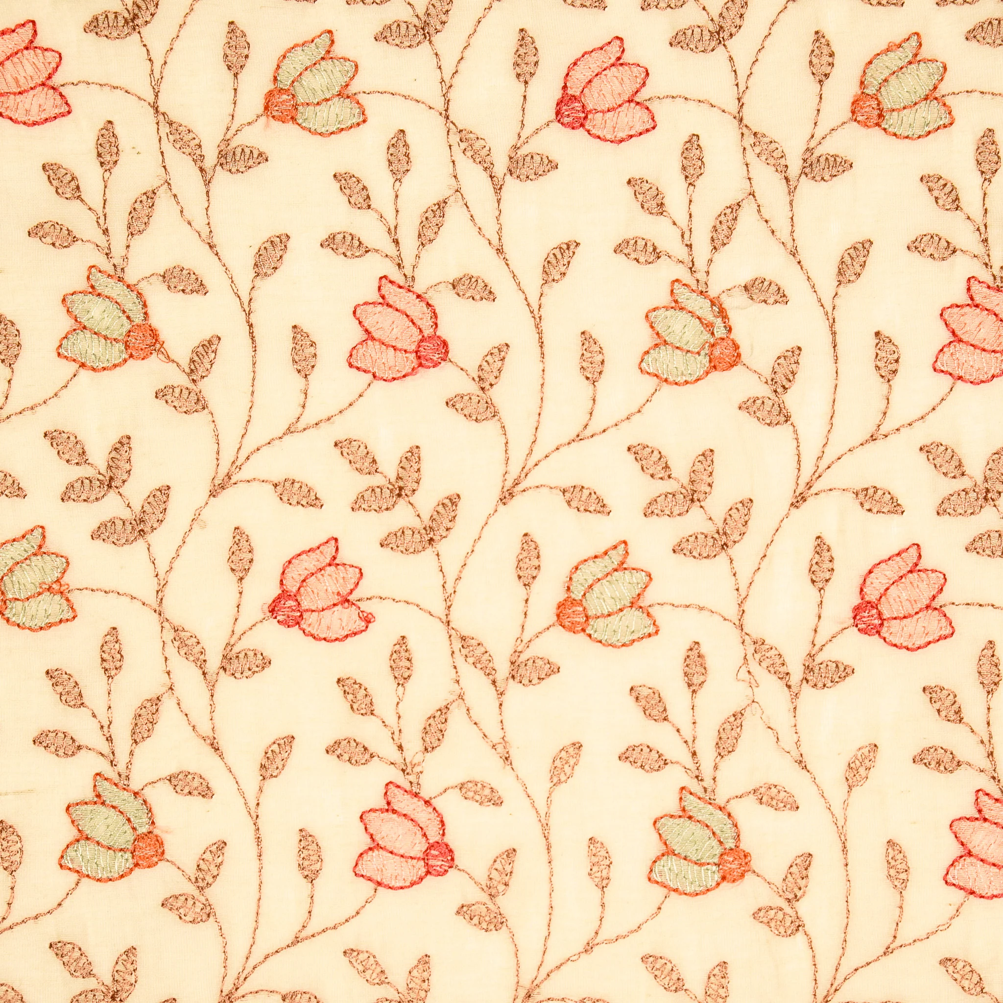 Sabiha Floral Cream Mul Chanderi Embroidered Fabric in Jaal Pattern - Image 3