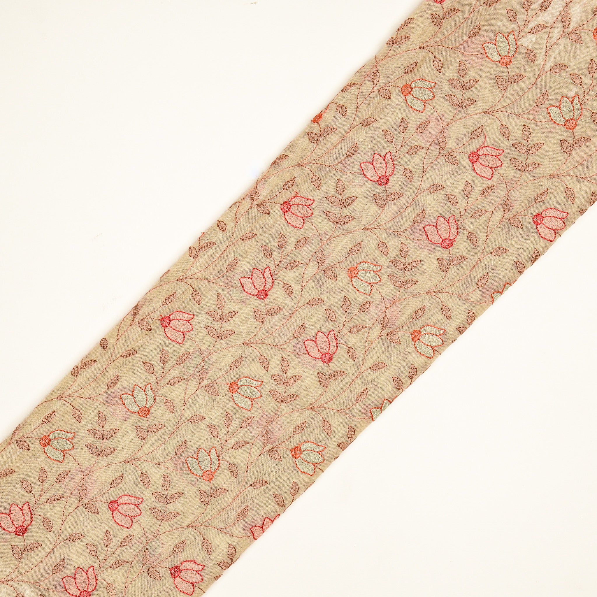 Sabiha Floral Cream Mul Chanderi Embroidered Fabric in Jaal Pattern - Image 4