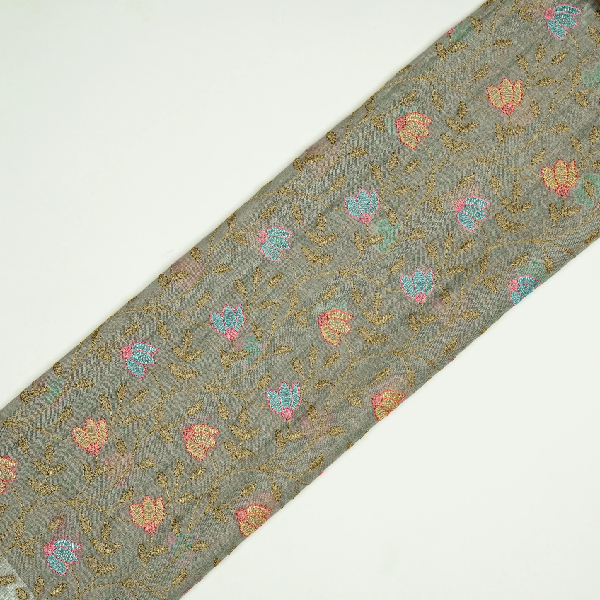Sabiha Floral Grey Mul Chanderi Embroidered Fabric in Jaal Pattern - Image 4