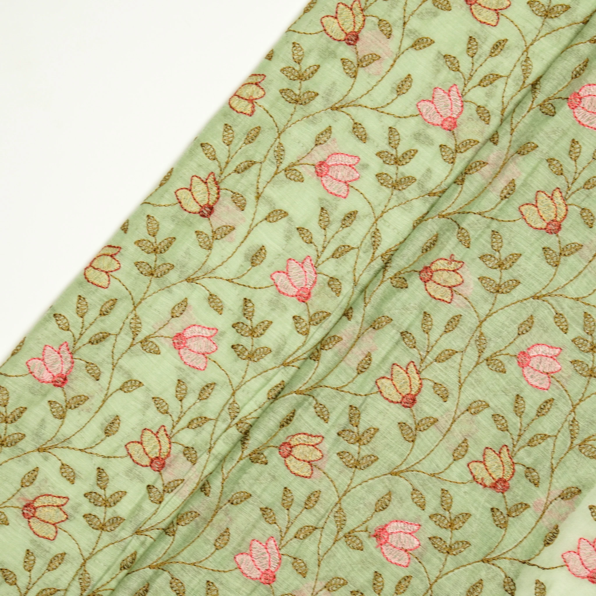 Sabiha Floral Sea Green Mul Chanderi Embroidered Fabric in Jaal Pattern