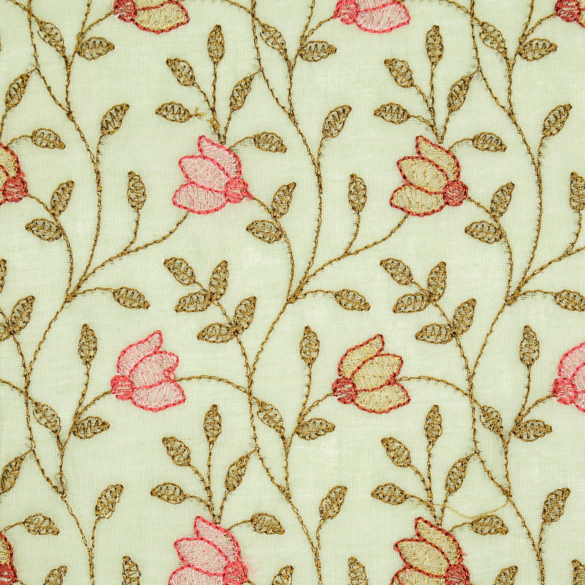 Sabiha Floral Sea Green Mul Chanderi Embroidered Fabric in Jaal Pattern - Image 3