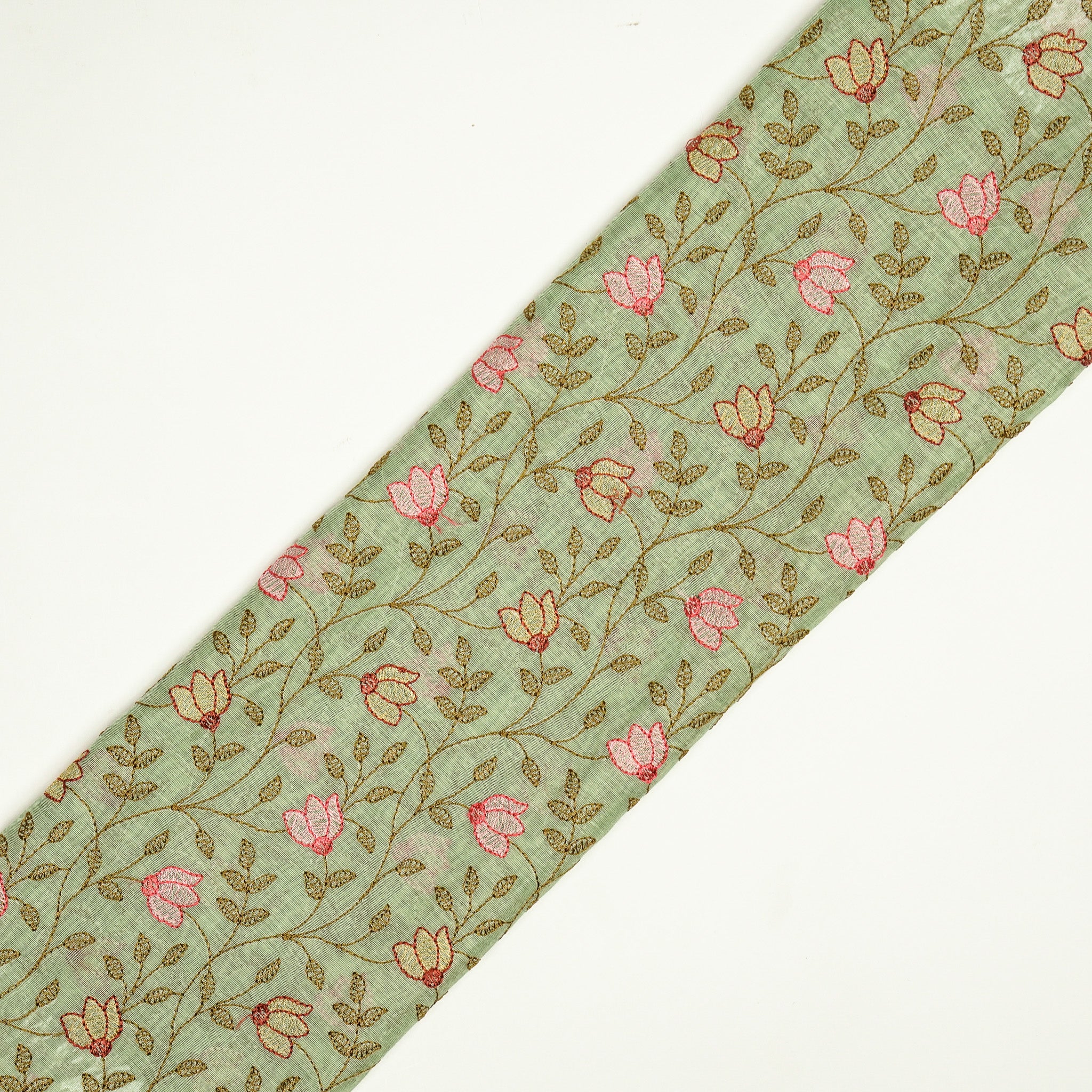 Sabiha Floral Sea Green Mul Chanderi Embroidered Fabric in Jaal Pattern - Image 4