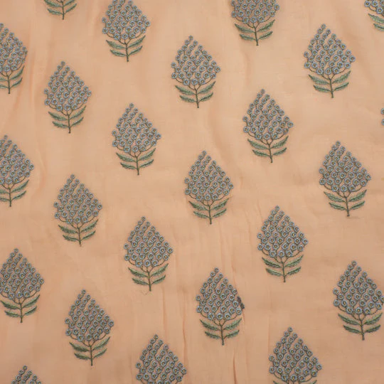 Saima Light Salmon Pink Mul Chanderi Embroidered Fabric in Buta Pattern - Image 4