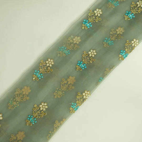 Sami Gray Viscose Organza Embroidered Fabric in Buti Pattern - Image 5
