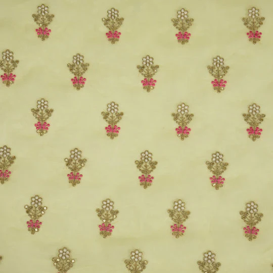 Sami Lemon Viscose Organza Embroidered Fabric in Buti Pattern - Image 3