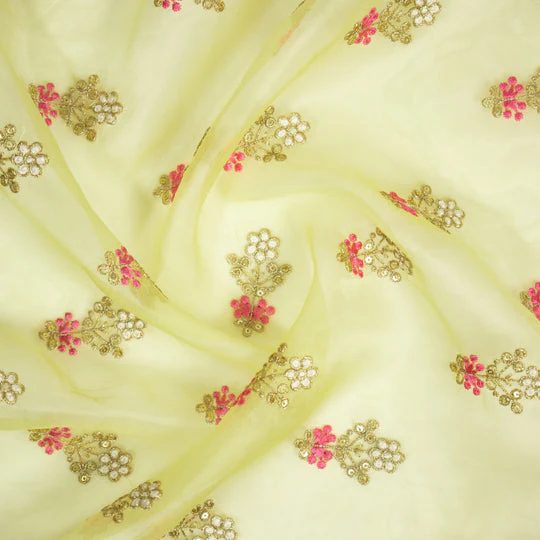 Sami Lemon Viscose Organza Embroidered Fabric in Buti Pattern - Image 4