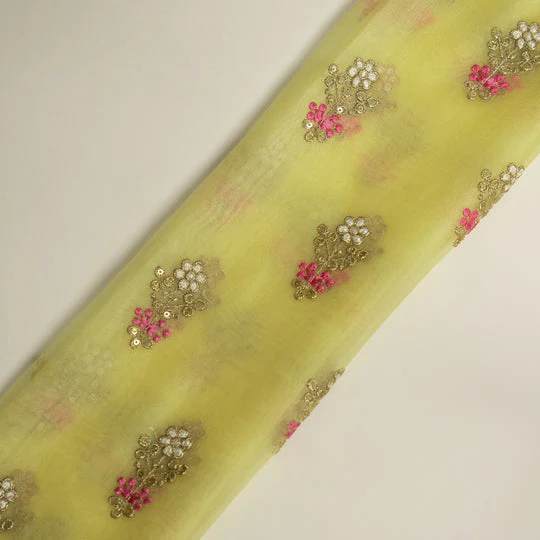Sami Lemon Viscose Organza Embroidered Fabric in Buti Pattern - Image 5