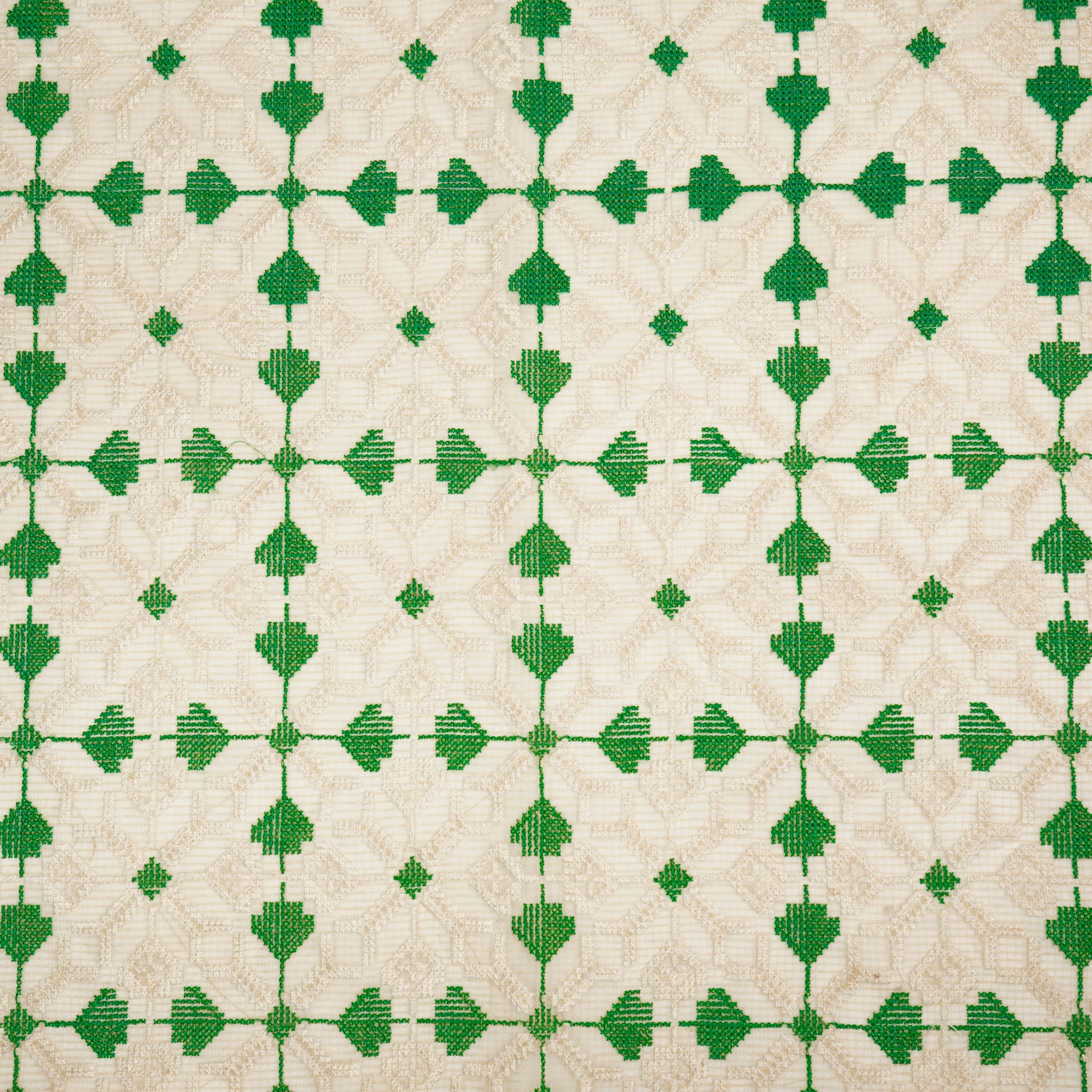 Saras Natural Green Semi Munga Kota Embroidered Fabric in Jaal Pattern - Image 2