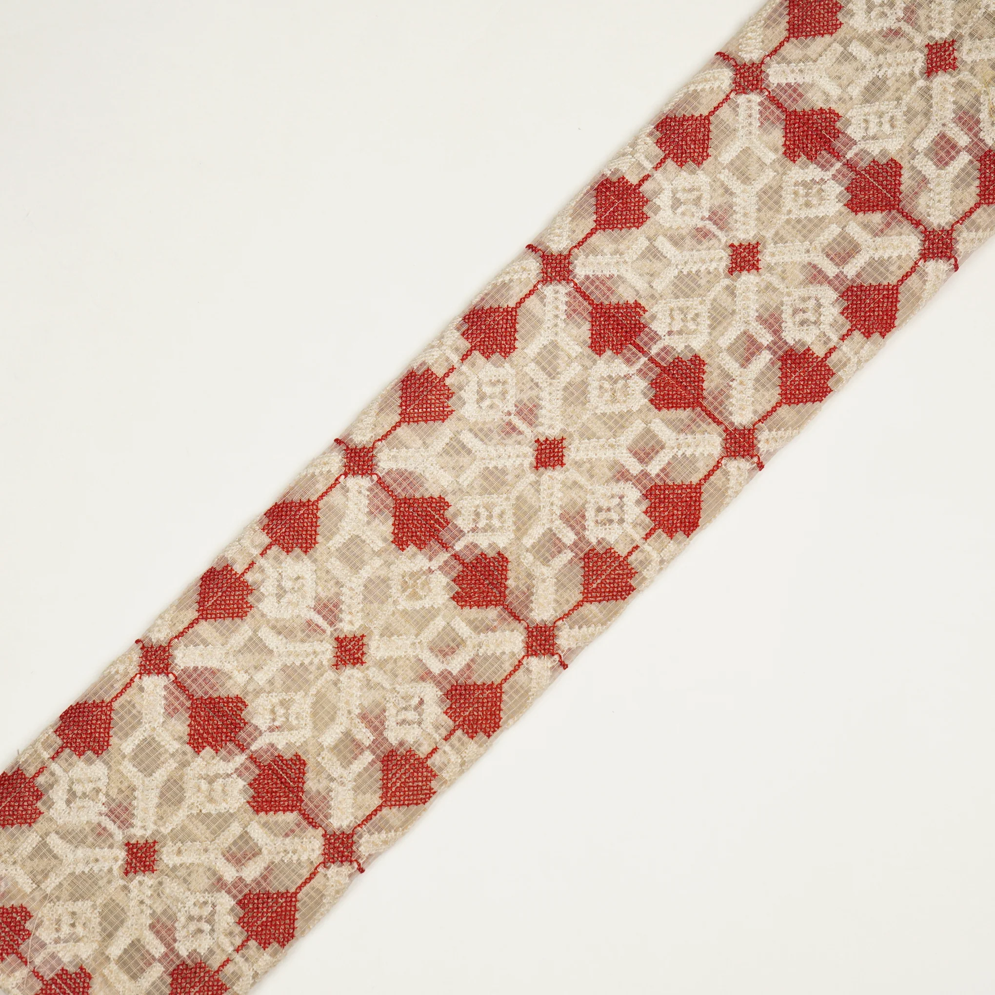 Saras Natural Red Semi Munga Kota Embroidered Fabric in Jaal Pattern - Image 4