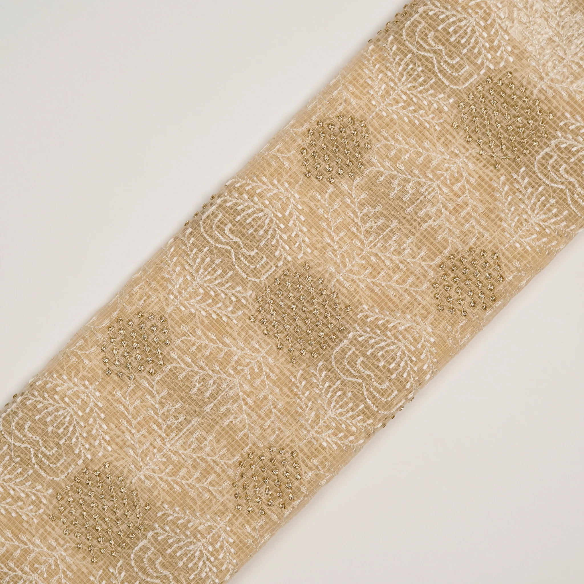 Sehrish Beige Semi Munga Kota Embroidered Fabric in Buta Pattern - Image 4
