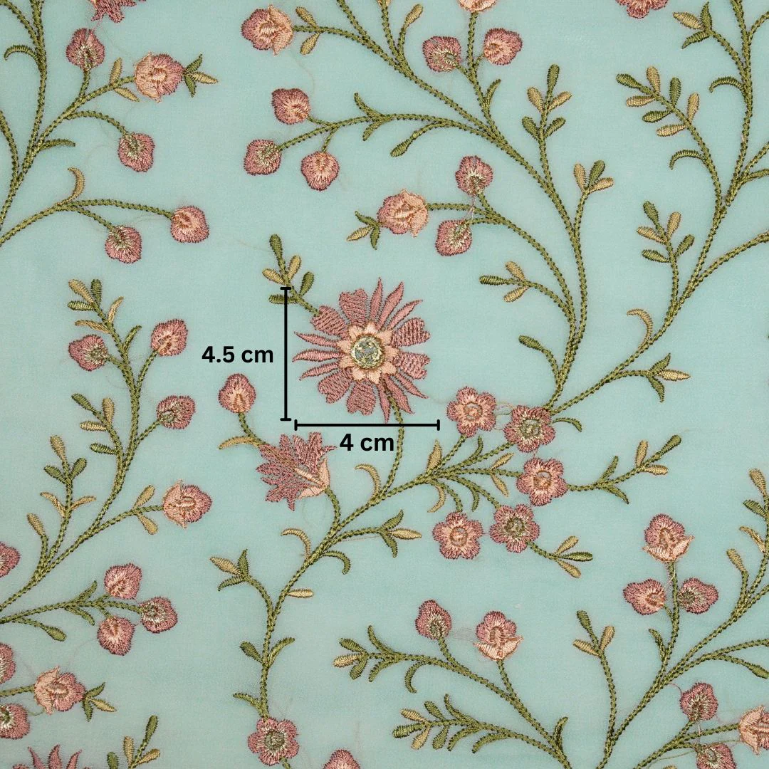Shazia Light Turquoise Viscose Georgette Embroidered Fabric in Jaal Pattern - Image 3
