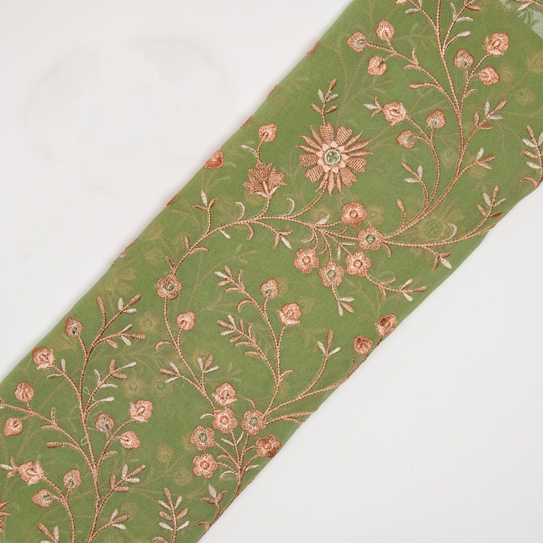 Shazia Olive Viscose Georgette Embroidered Fabric in Jaal Pattern - Image 4