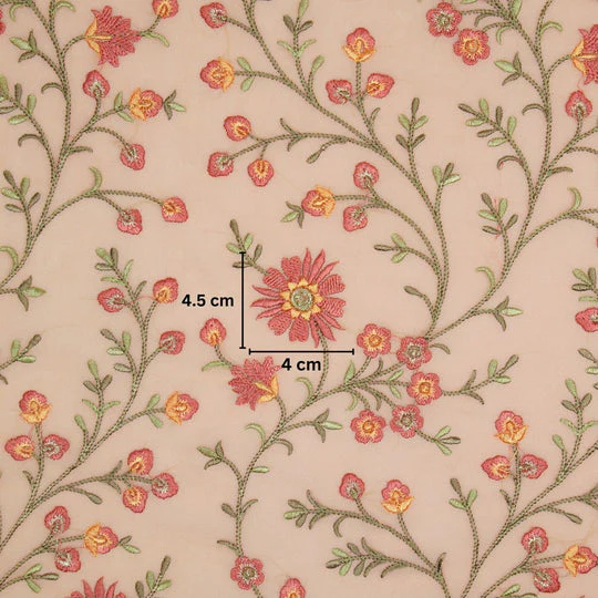 Shazia Peach Viscose Georgette Embroidered Fabric in Jaal Pattern - Image 3