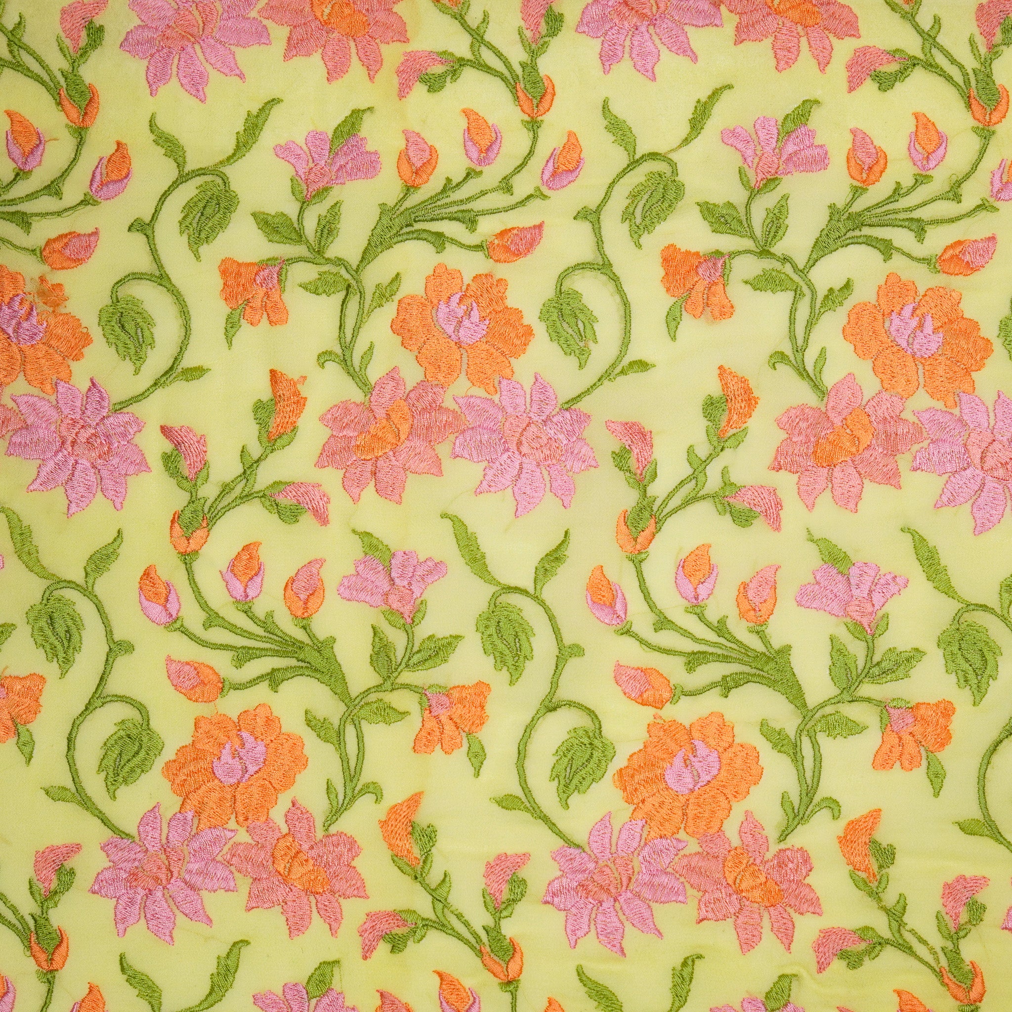 Tahani Floral Lemon Viscose Georgette Embroidered Fabric in Jaal Pattern - Image 2