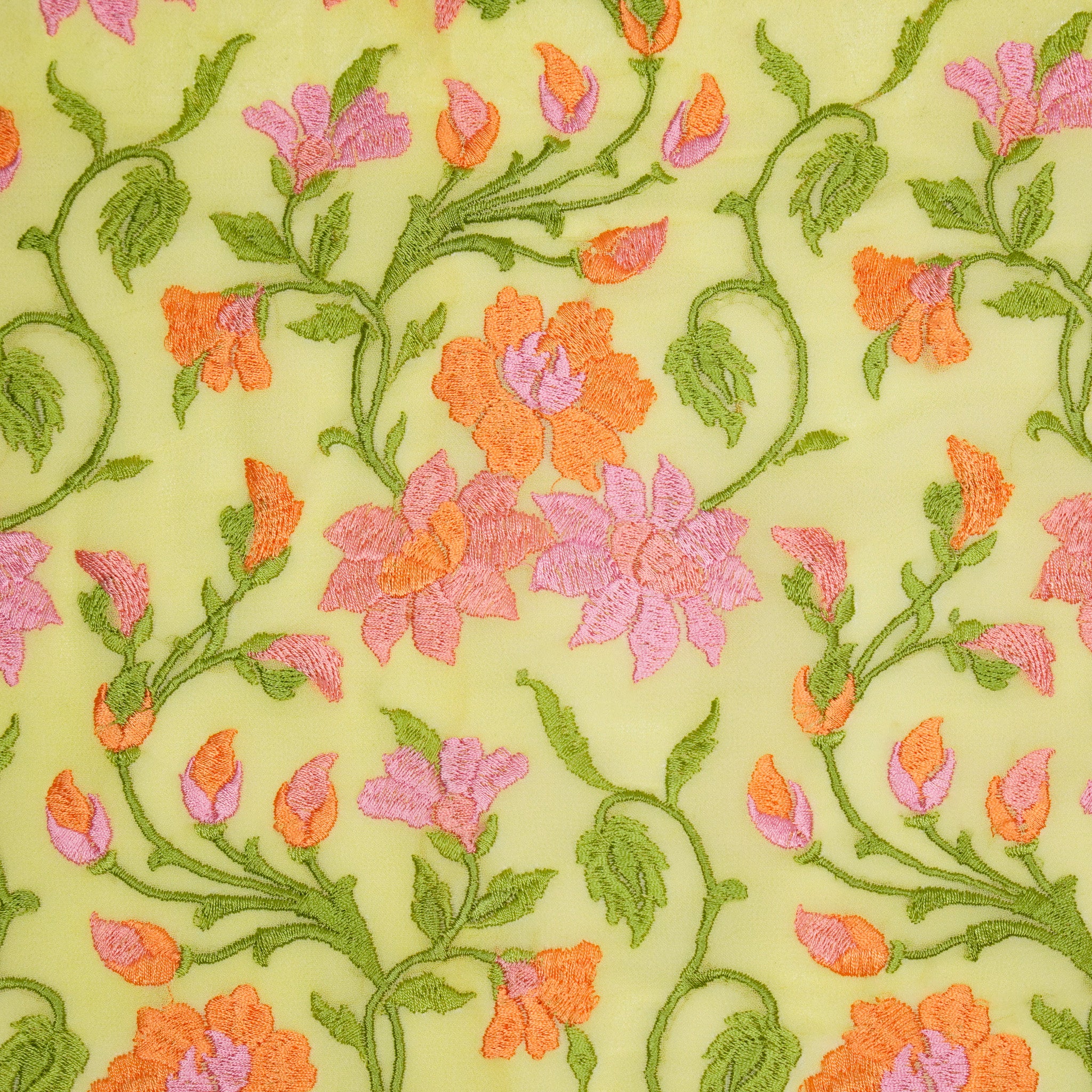 Tahani Floral Lemon Viscose Georgette Embroidered Fabric in Jaal Pattern - Image 3