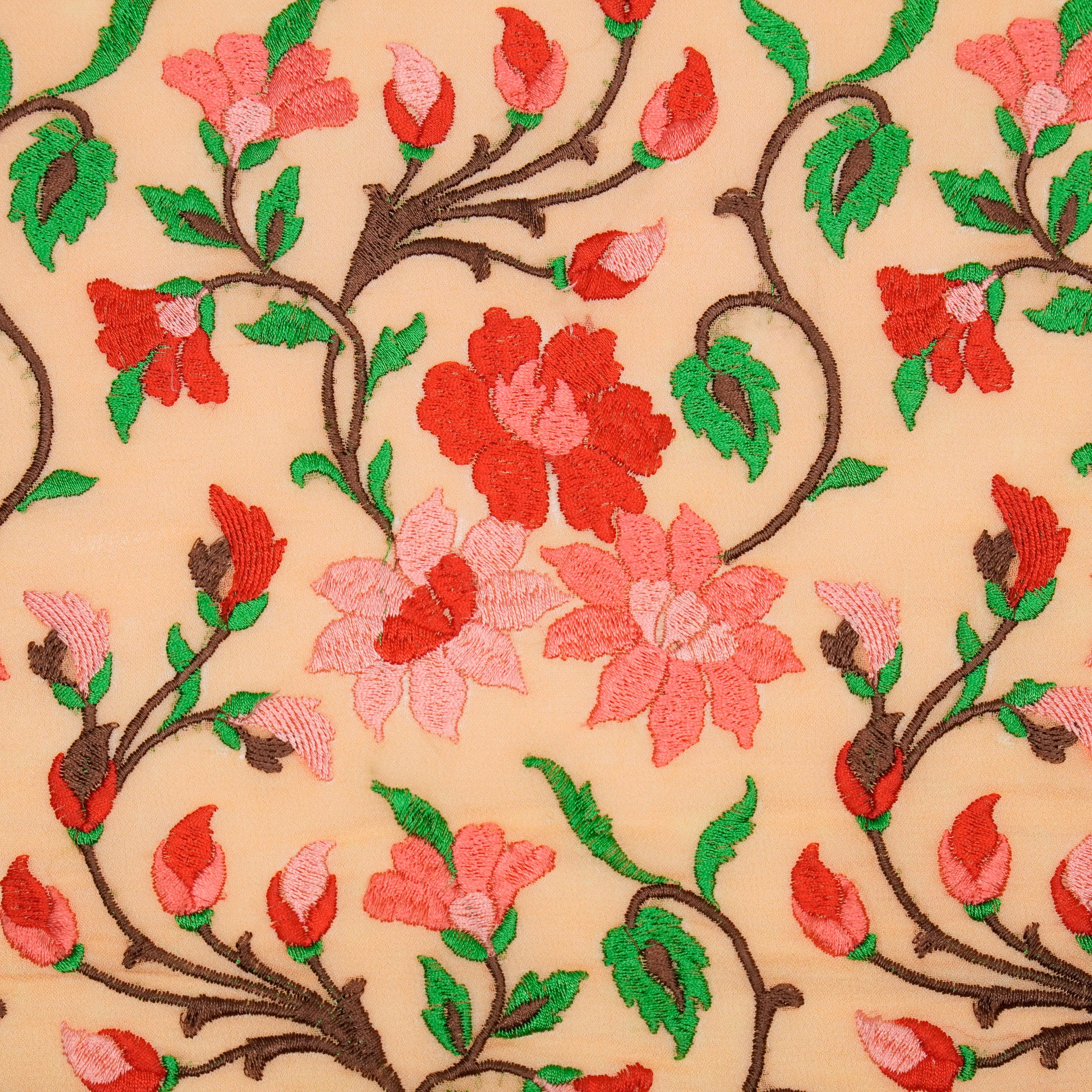 Tahani Floral Peach Viscose Georgette Embroidered Fabric in Jaal Pattern - Image 3