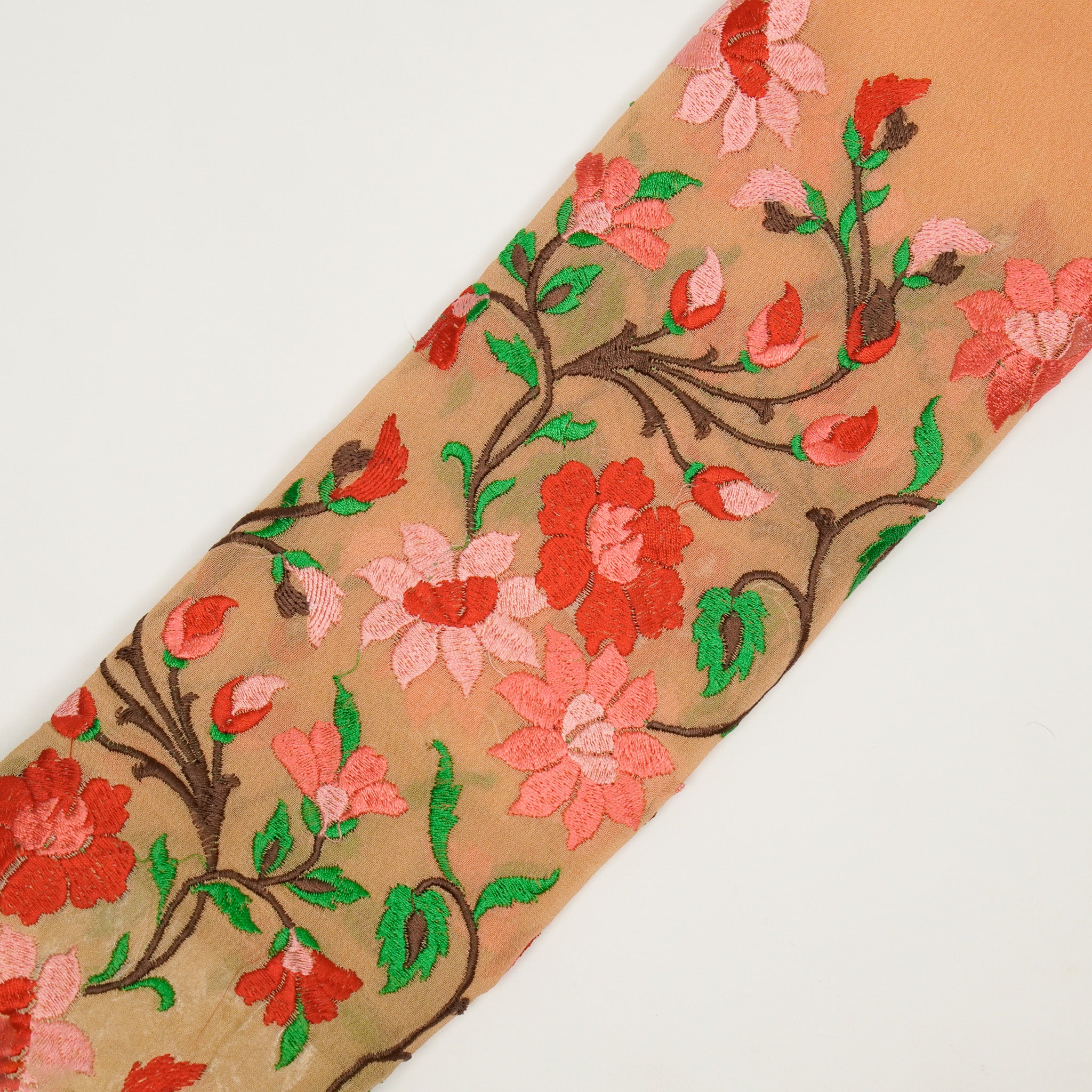 Tahani Floral Peach Viscose Georgette Embroidered Fabric in Jaal Pattern - Image 4