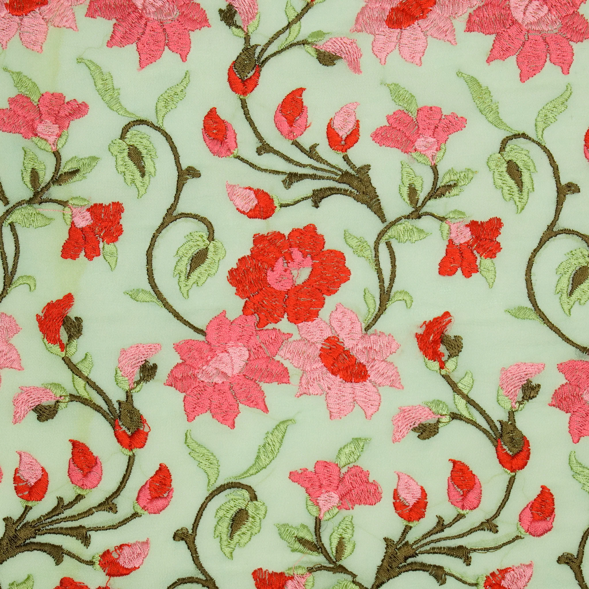 Tahani Floral Sea Green Viscose Georgette Embroidered Fabric in Jaal Pattern - Image 3