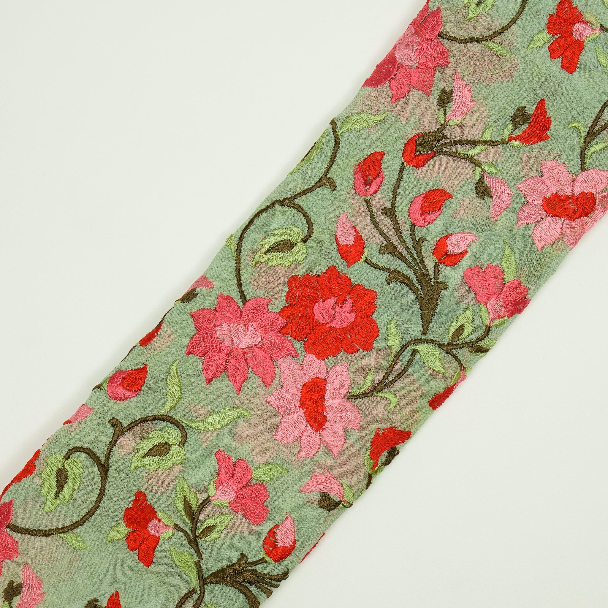 Tahani Floral Sea Green Viscose Georgette Embroidered Fabric in Jaal Pattern - Image 4