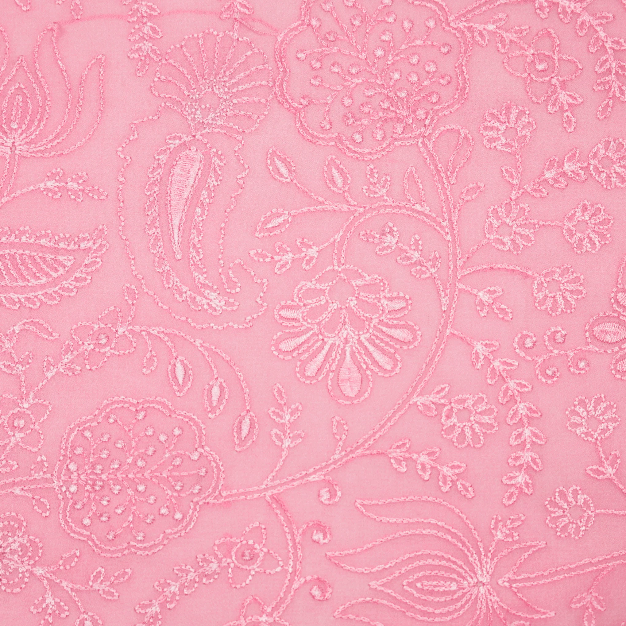 Tiesha Pink Viscose Raw Silk Embroidered Fabric in Jaal Pattern - Image 3