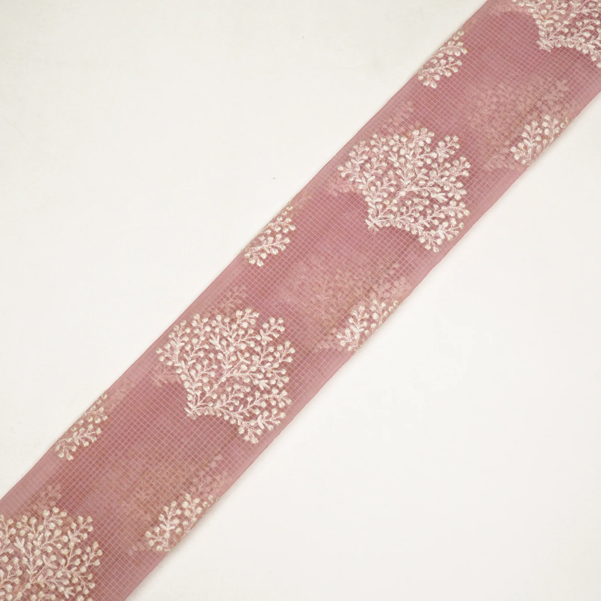 Triveni Pink Semi Munga Kota Embroidered Fabric in Buta Pattern - Image 4