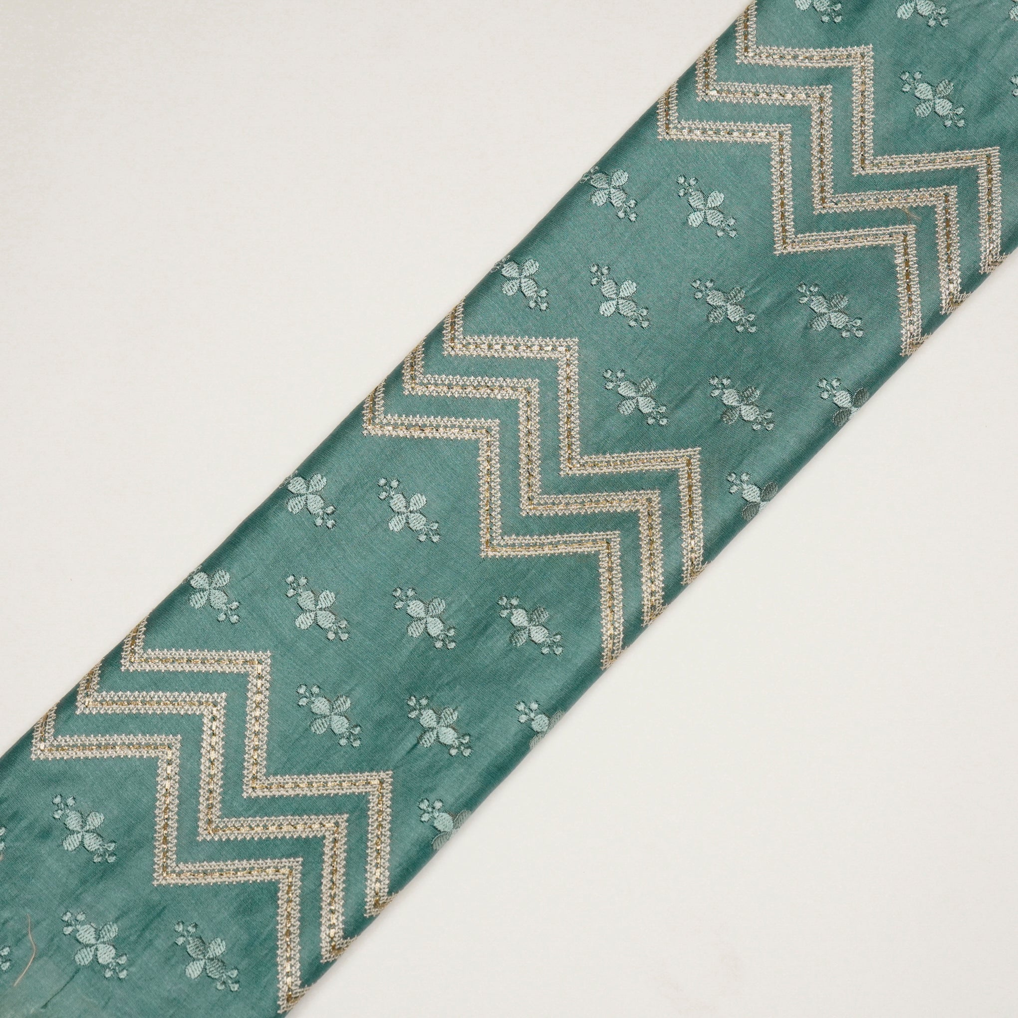 Umi Teal Viscose Raw Silk Embroidered Fabric in Jaal Pattern - Image 4