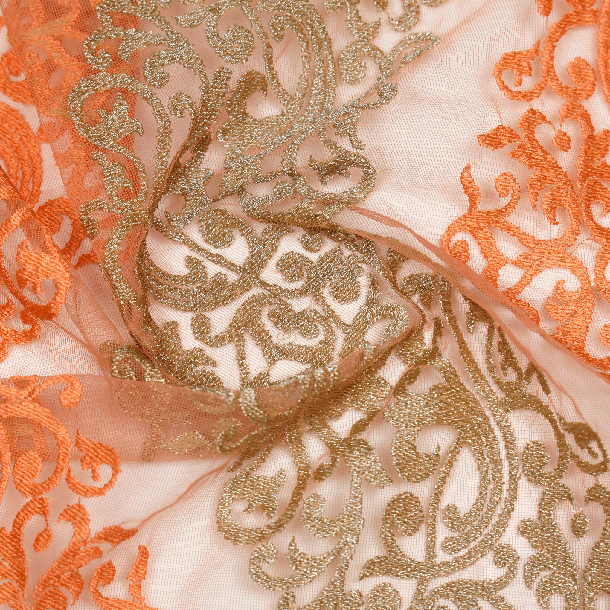 Urooz Light Peach Net Embroidered Fabric in Jaal Pattern - Image 4