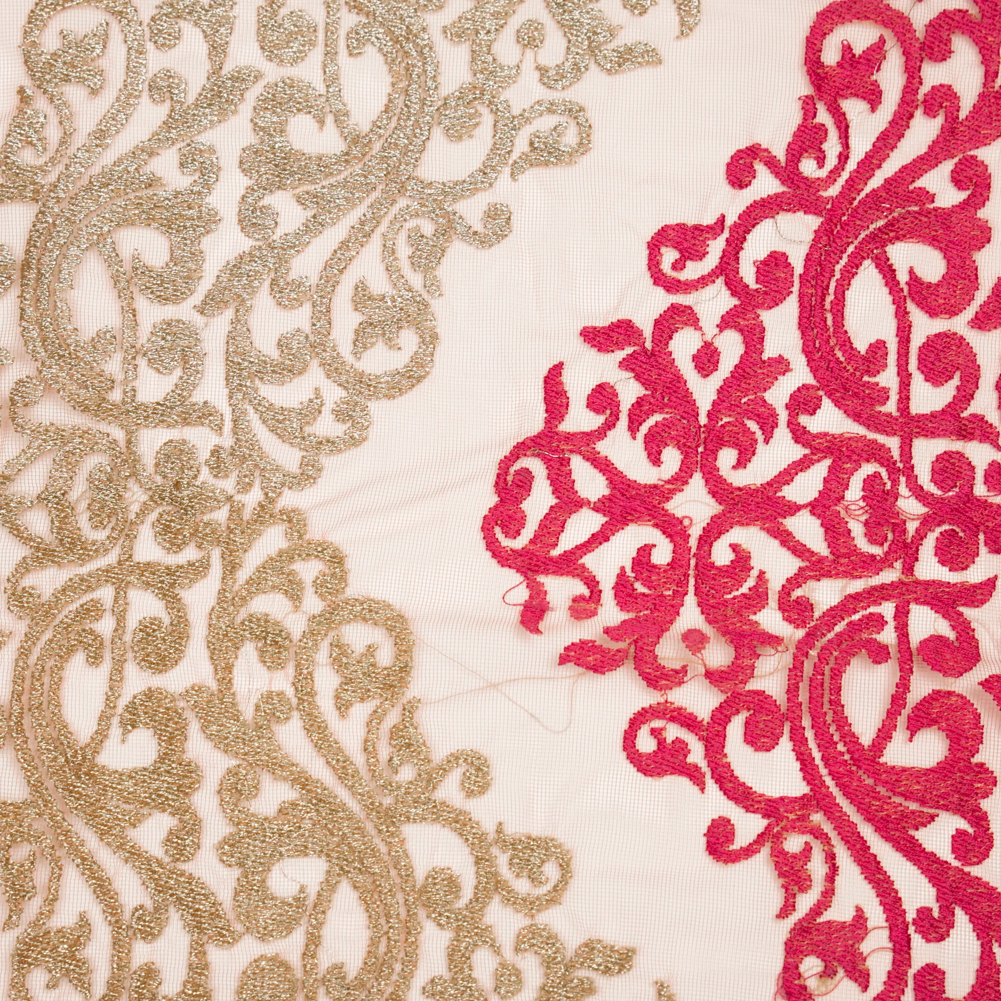 Urooz Tomato Net Embroidered Fabric in Jaal Pattern - Image 3