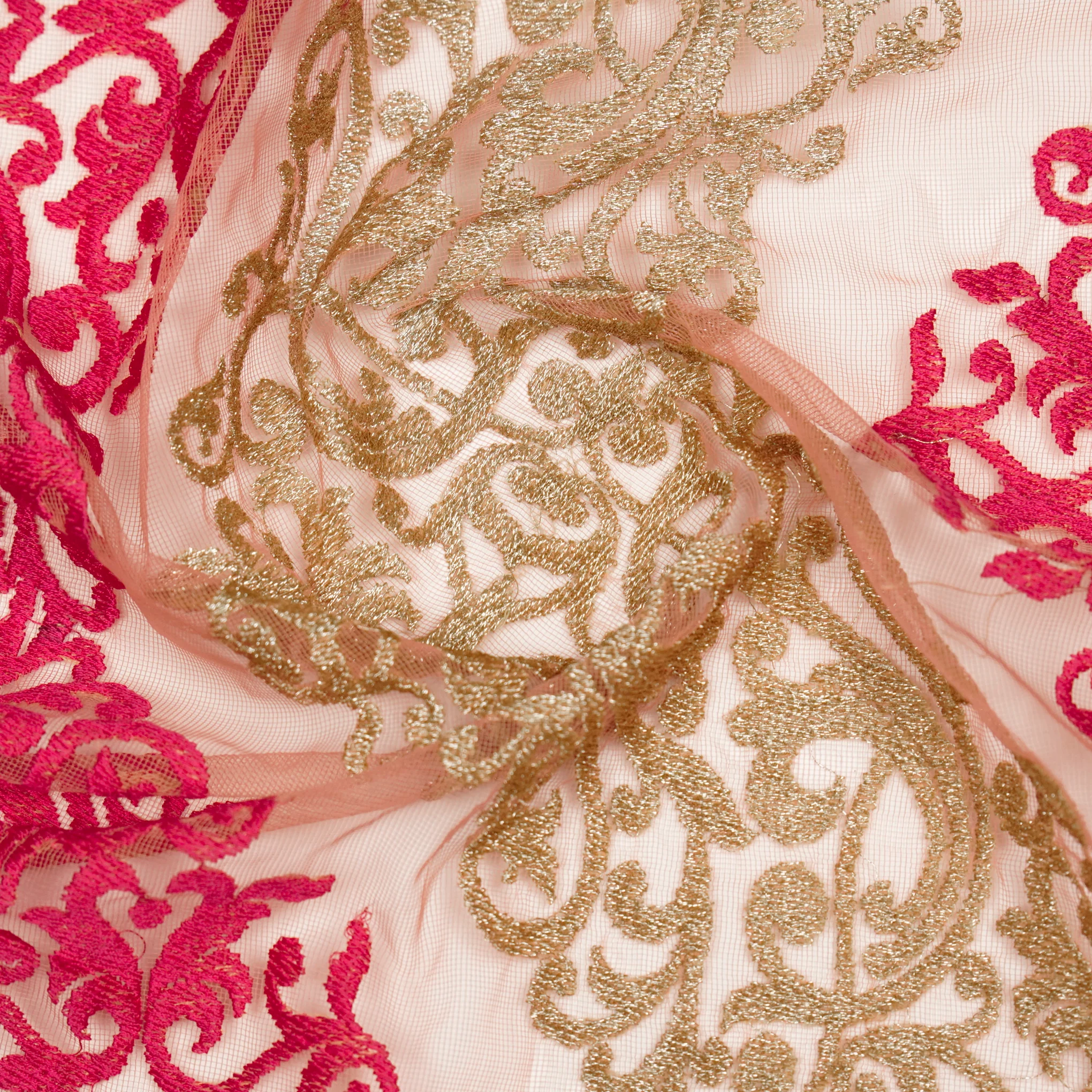 Urooz Tomato Net Embroidered Fabric in Jaal Pattern - Image 4