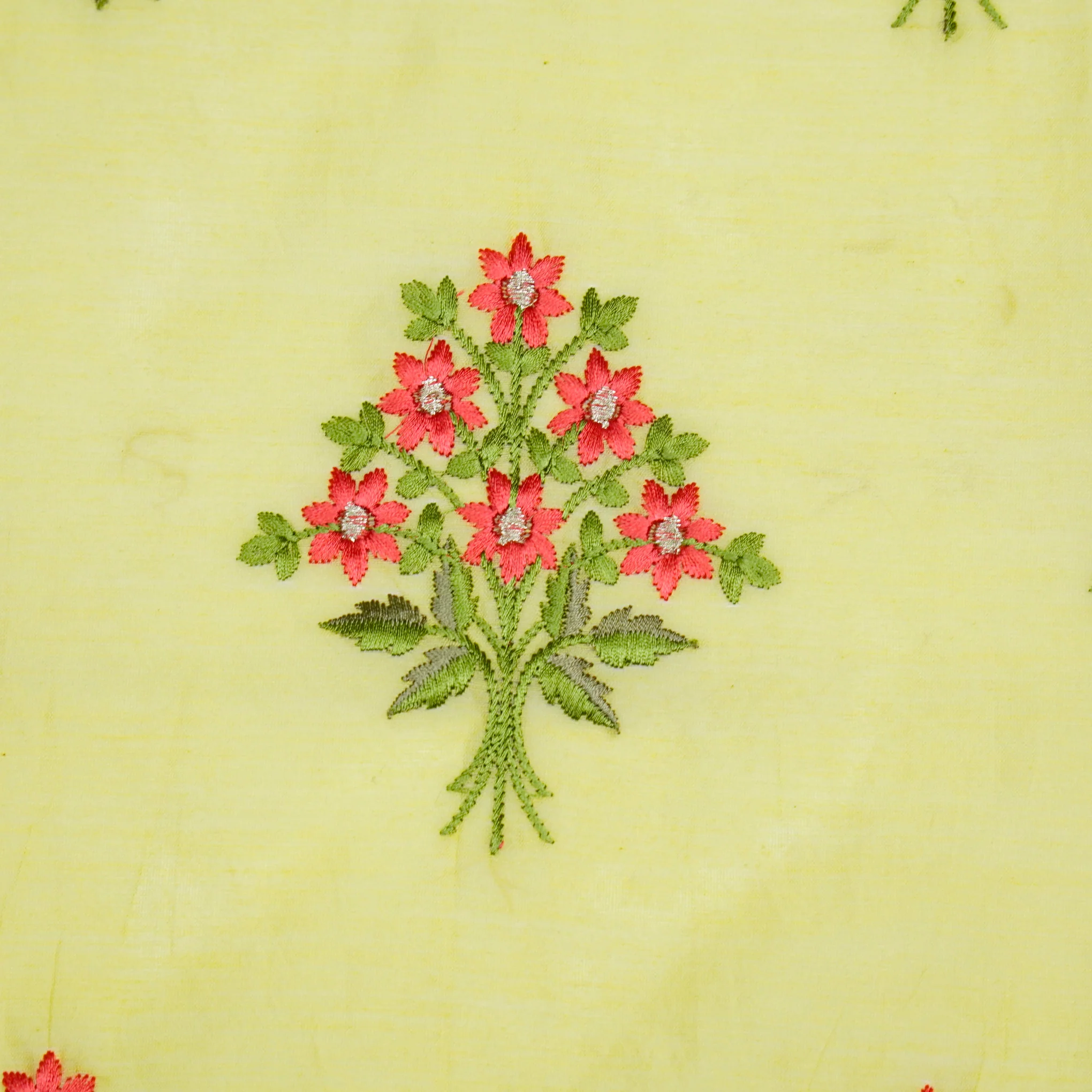 Urwa Lemon Mul Chanderi Embroidered Fabric in Buta Pattern - Image 3