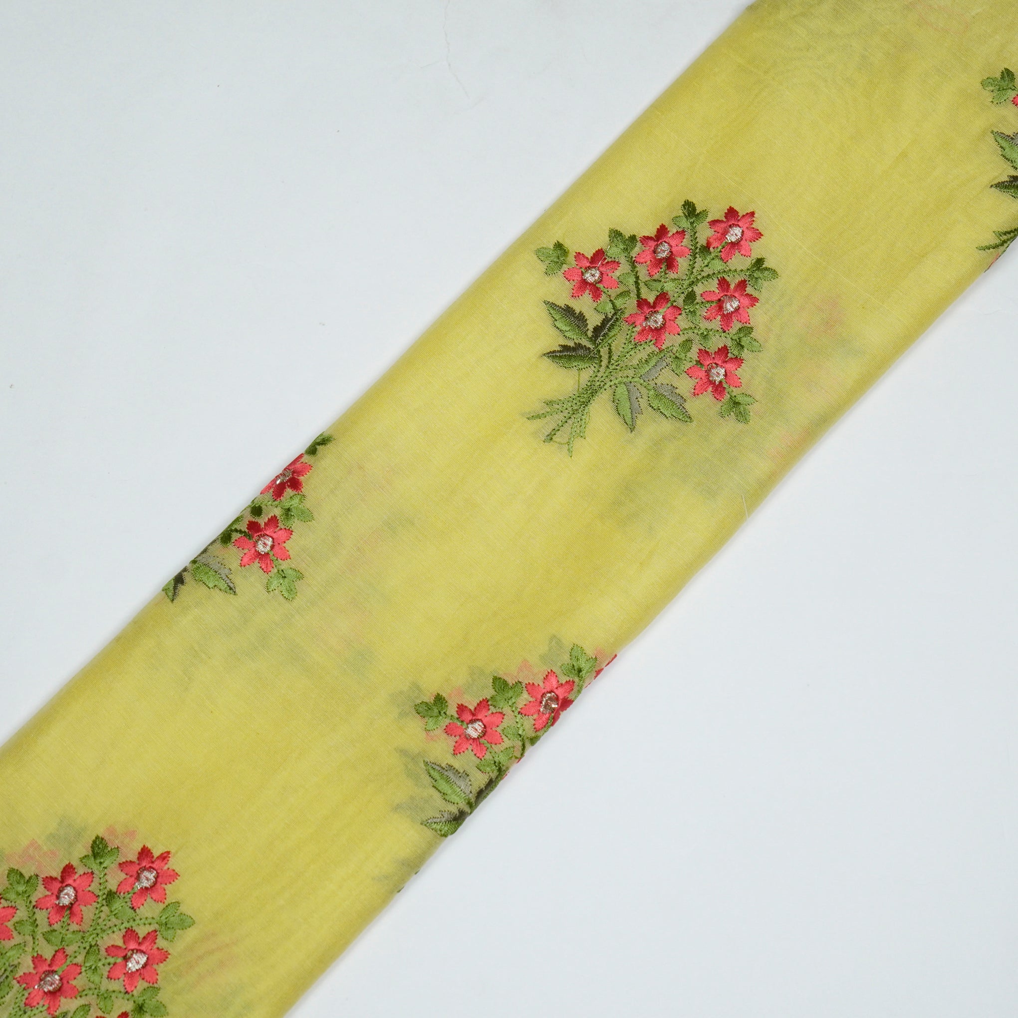 Urwa Lemon Mul Chanderi Embroidered Fabric in Buta Pattern - Image 4