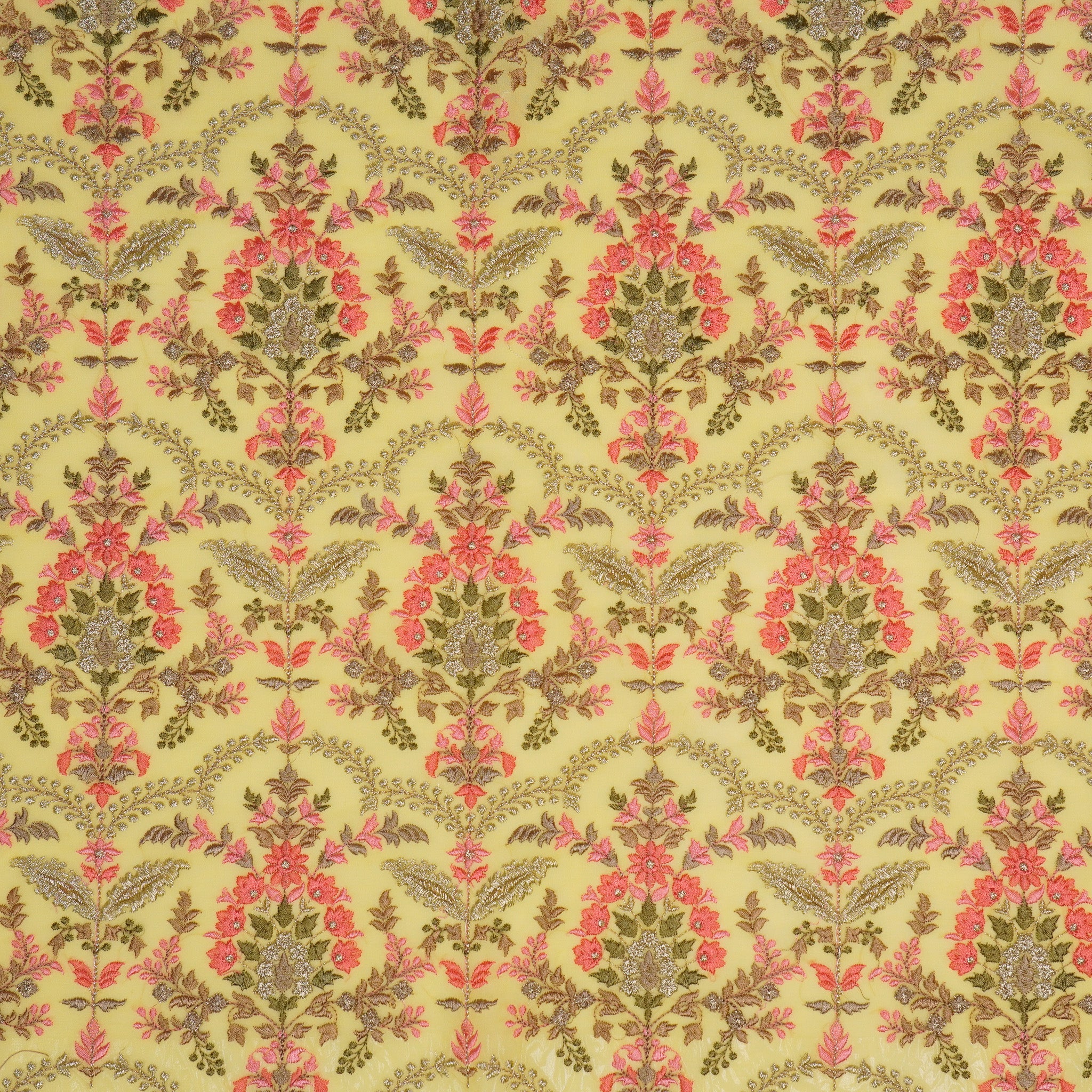 Urwa Lemon Viscose Georgette Embroidered Fabric in Jaal Pattern - Image 3