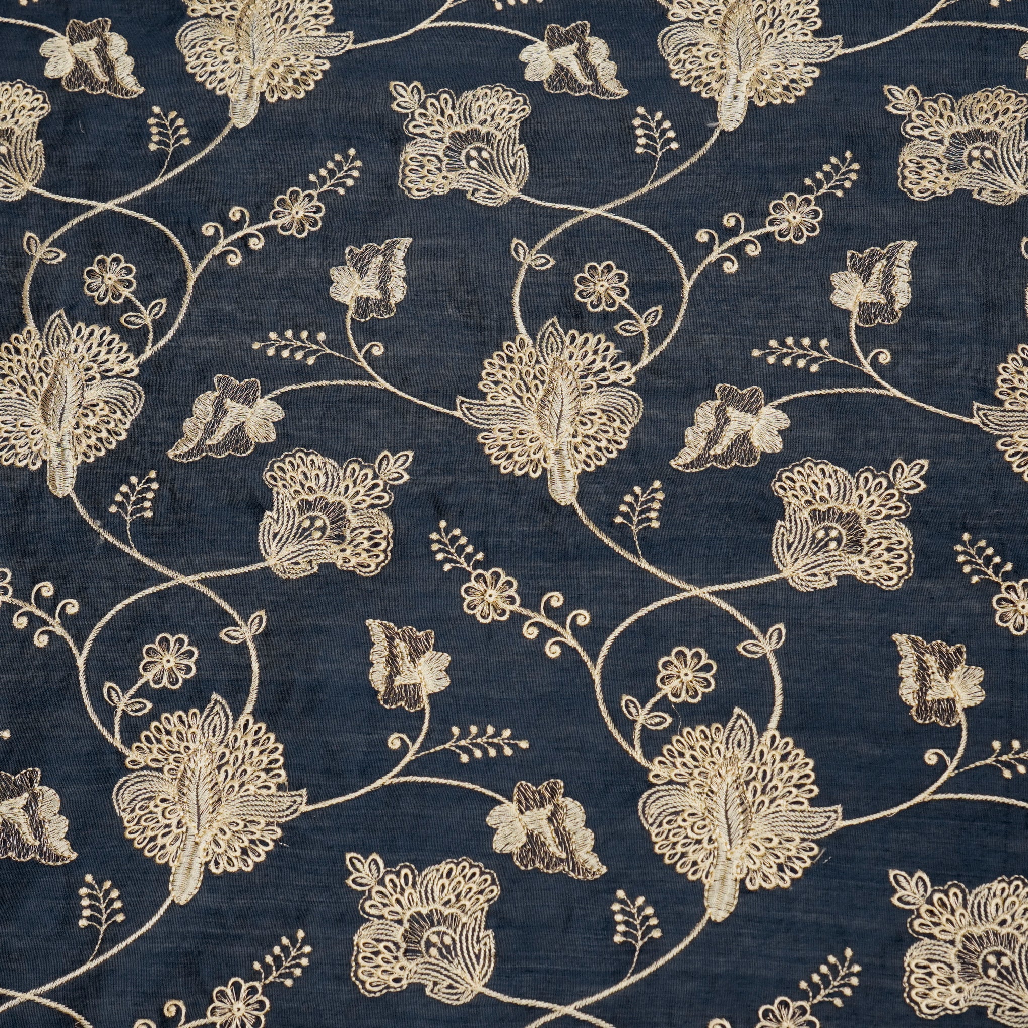 Usma Navy Blue Viscose Raw Silk Embroidered Fabric in Jaal Pattern - Image 2