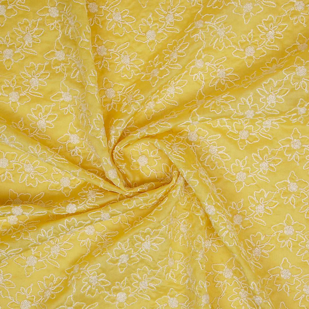 Vaanya Lemon Chanderi Embroidered Fabric in Jaal Pattern - Image 5
