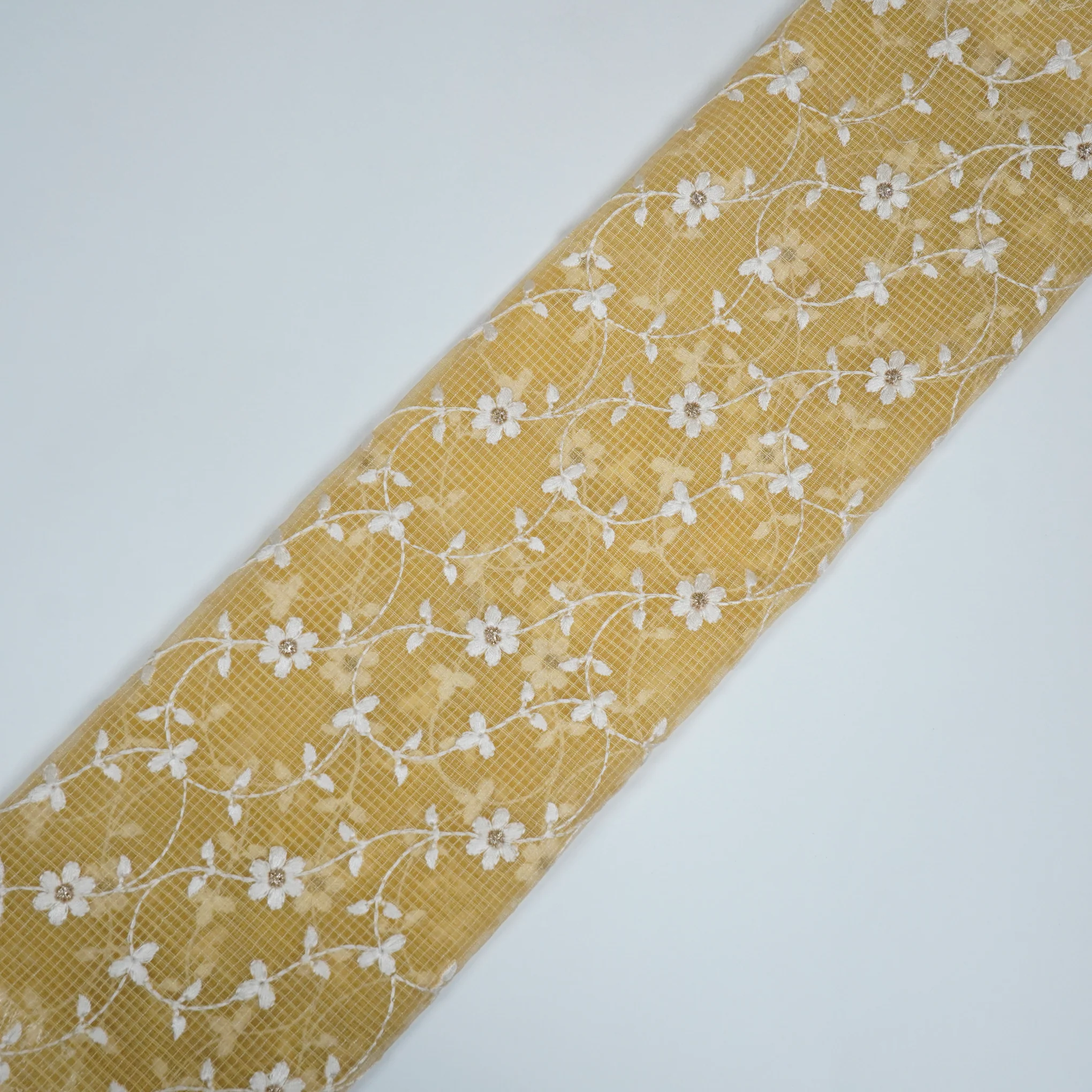 Wafiya Lemon Semi Munga Kota Embroidered Fabric in Jaal Pattern - Image 3