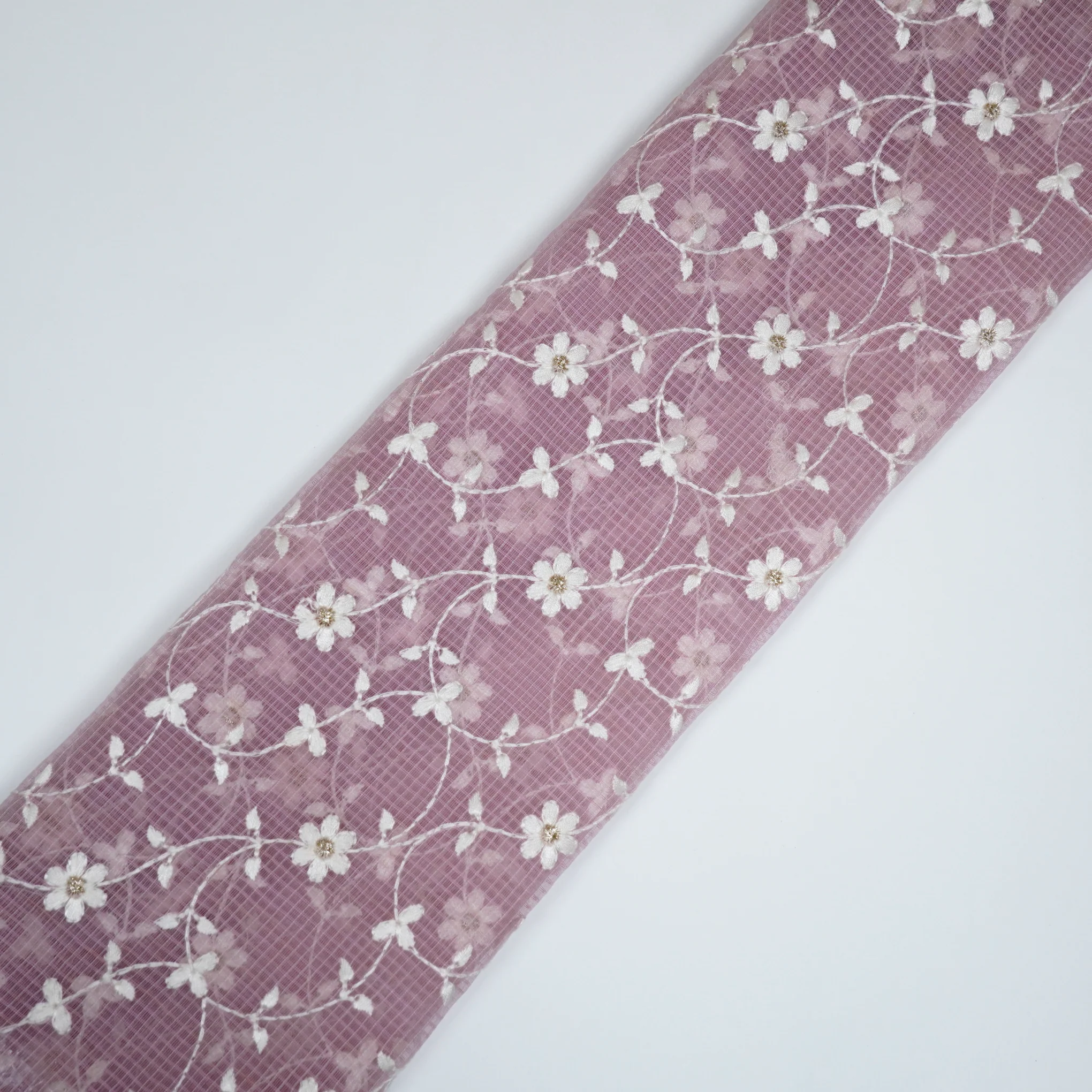 Wafiya Pink Semi Munga Kota Embroidered Fabric in Jaal Pattern - Image 4